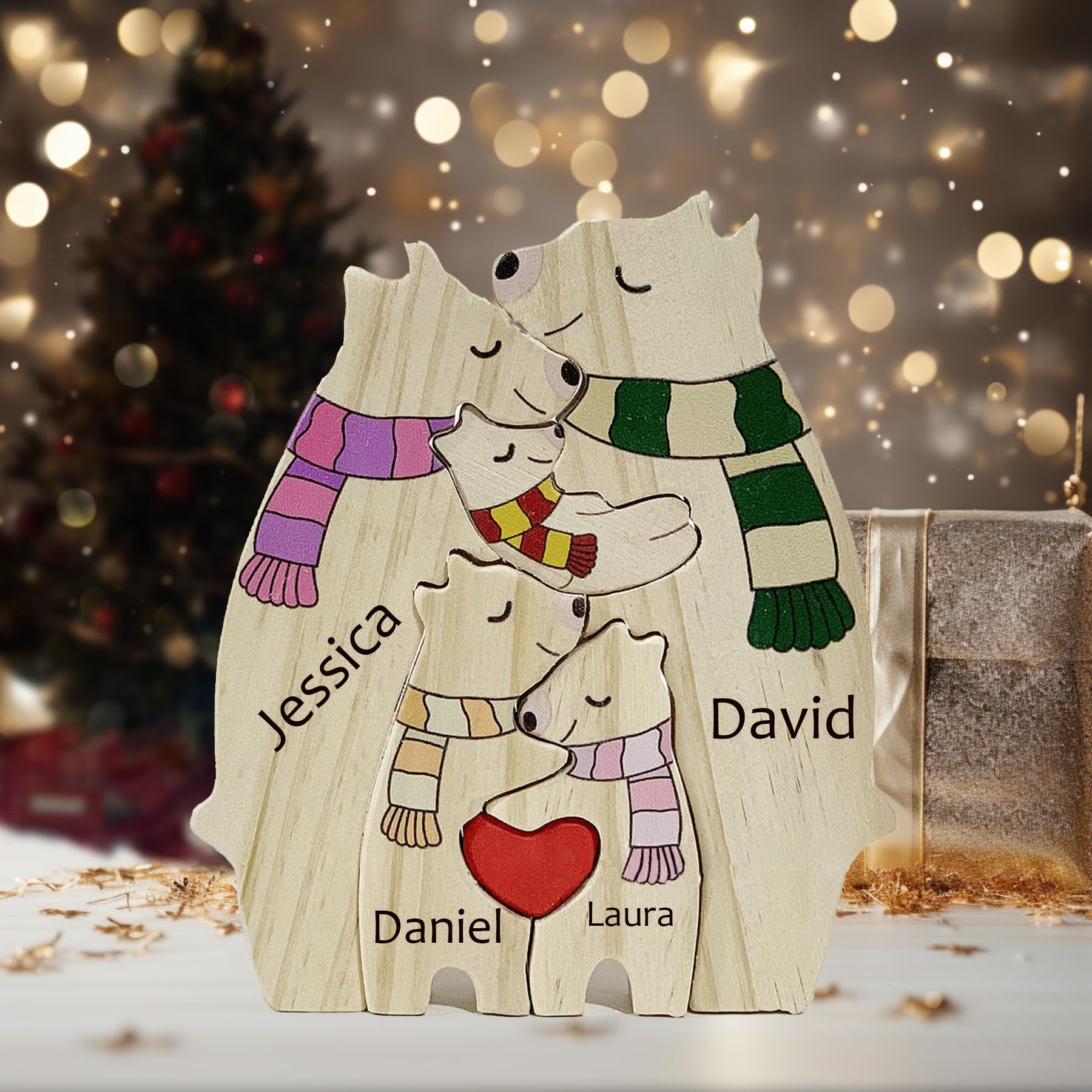 Custom Wooden Bear Puzzle - Personalised Engraved Family Name Gift for 2-8 Last Names | Mother's Day, Father's Day, Christmas & Housewarming Present (Style 7)