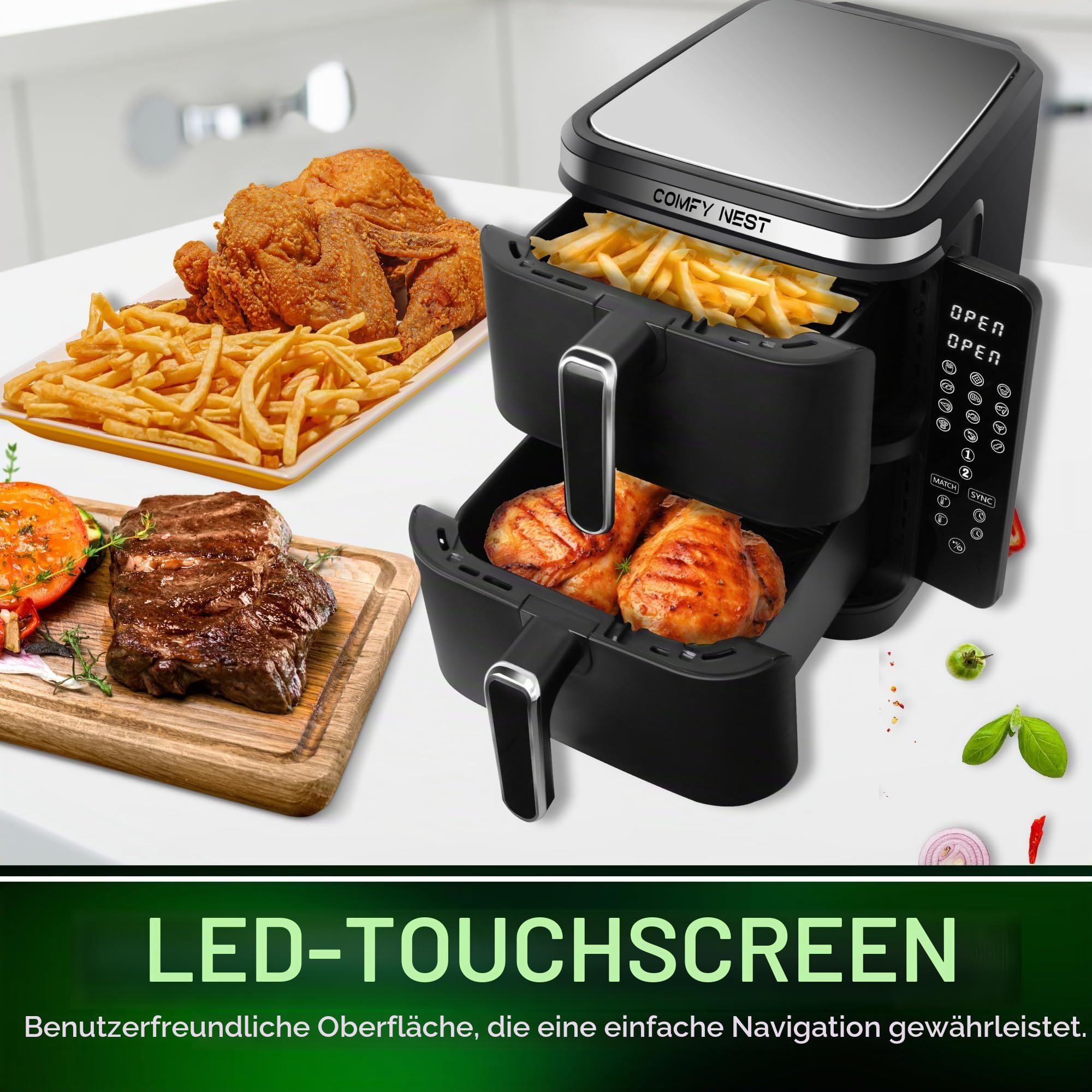 Comfy Nest, 11-Liter-Doppelkorb-Luftfritteuse, Heißluftfritteuse, gleichzeitiges Kochen, digitaler Touchscreen, Rapid Air-Technologie, erhöhte Sicherheit, leicht zu reinigen – 5,5 l, Schwarz
