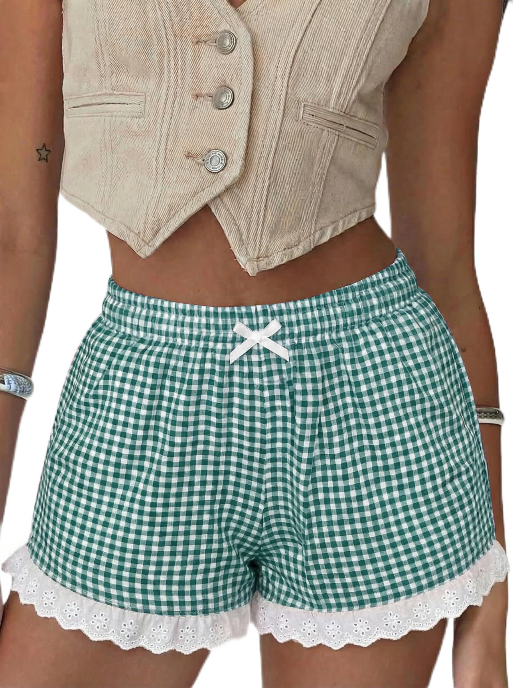 Boxer Shorts Gingham Shorts Y2K Beach Bottoms | Plaid Shorts Y2K Pajama Bottoms Two Pockets