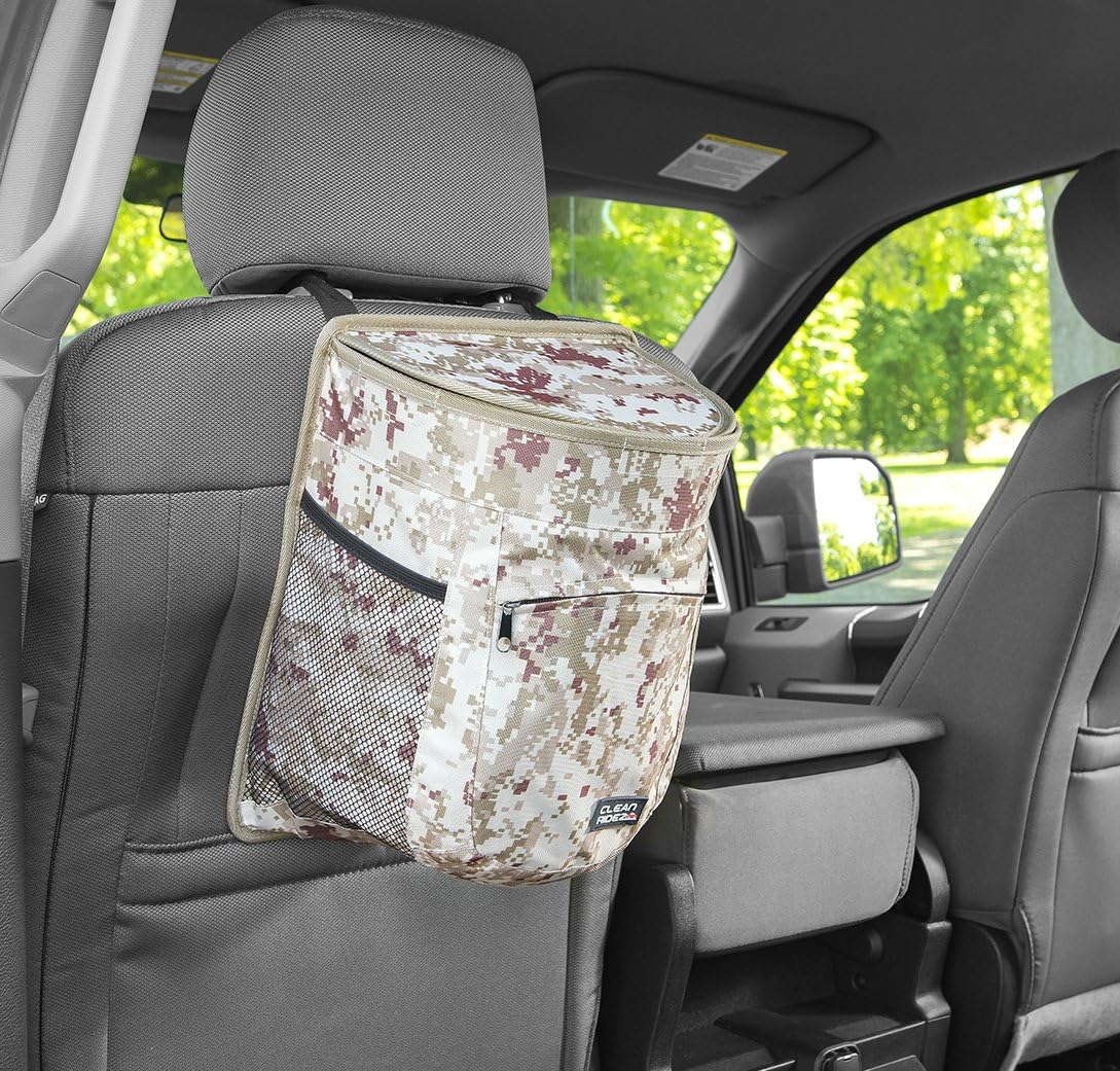 Clean Ridez Car Garbage Can w/Ez Flip Lid & Leakproof Removable Liner - Auto Trash Bag & Car Cooler with Bottle Holders and Extra Storage Pocket (Desert Digital Camouflage)