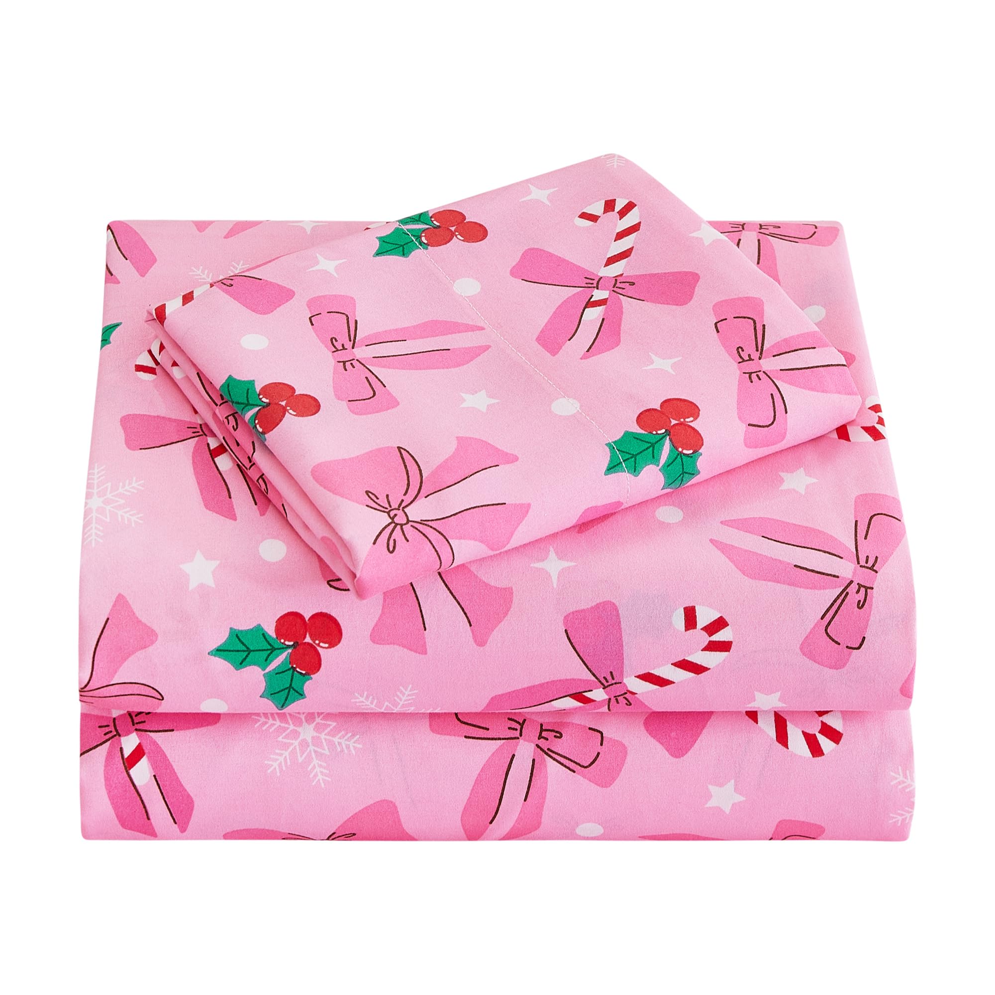 Viviland 3 Pieces Girls Twin Sheets Set Kids, Christmas Pink Bow Printed
