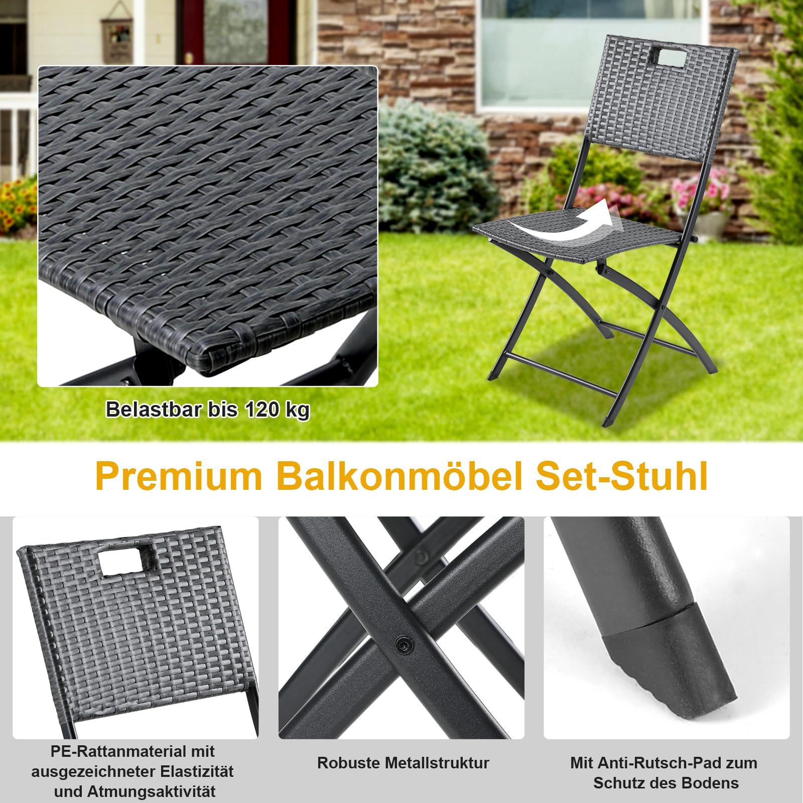 Ensemble de Meubles de Balcon 3 pièces Pliable en Rotin Gris, 2 Chaises et 1 Table, pour Terrasse et Jardin