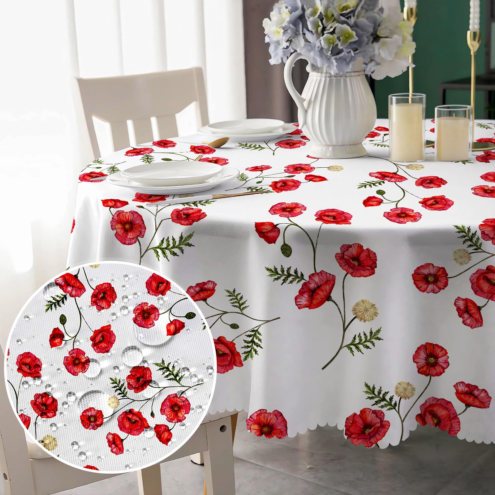Round Tablecloth 150cm Wipeable Tablecloths, Florals Style Tablecloth Waterproof Wipeable Polyester Table Cloth Circular Table Cover for Kitchen, Dinner, Garden, Wedding, Home, Picnic Outdoor Party