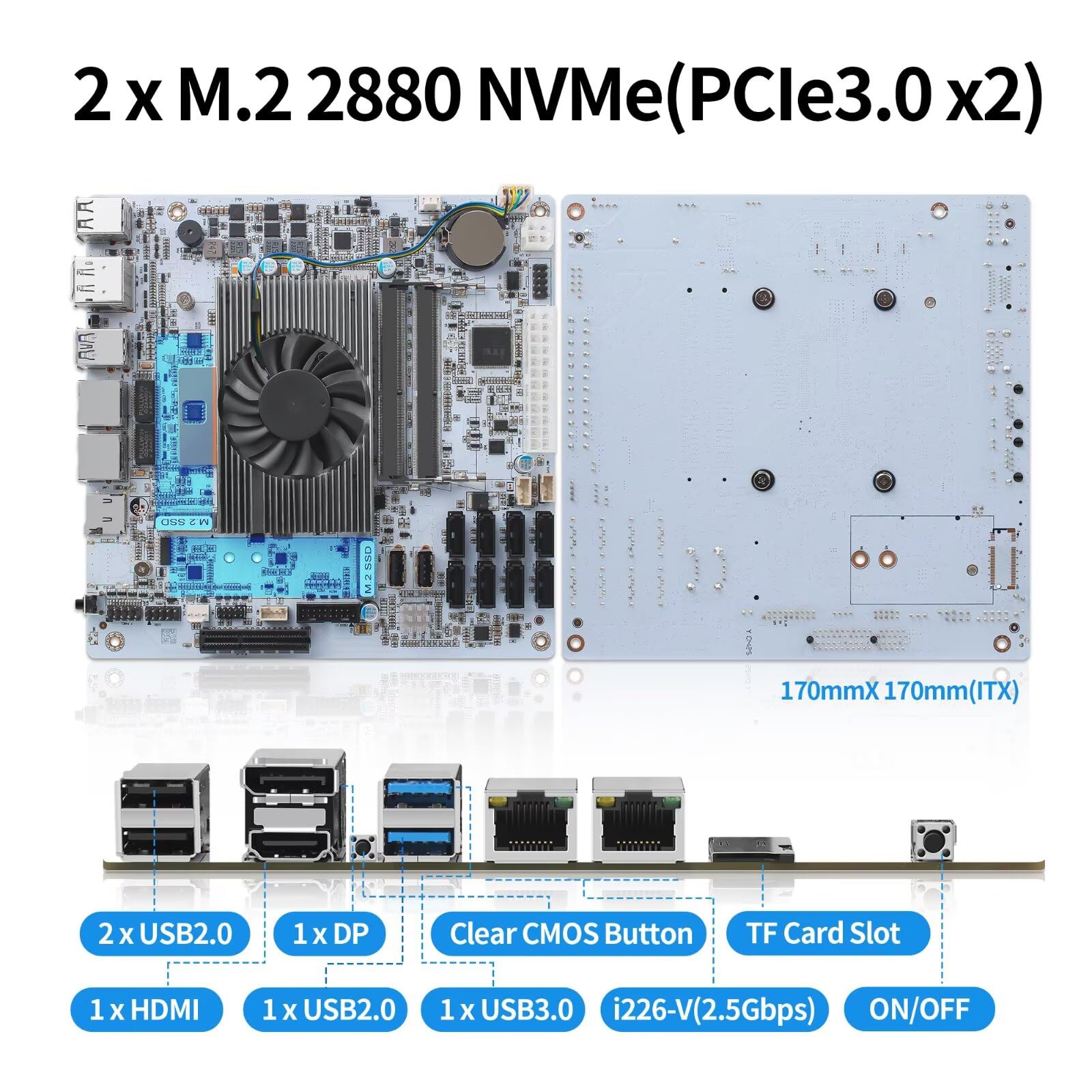 NAS Motherboard 8 Bay i5 8265U, 2 x DDR4 SODIMM Barebone, 2 x NVMe Slot, 6 x SATA 3.0, 2 x i226V 2.5GbE Lan, 1 x PCIe x4 Slot, 6USB Port, 17 x 17 CM Mini ITX PC Mainboard, HD+DP, TF Card Slot