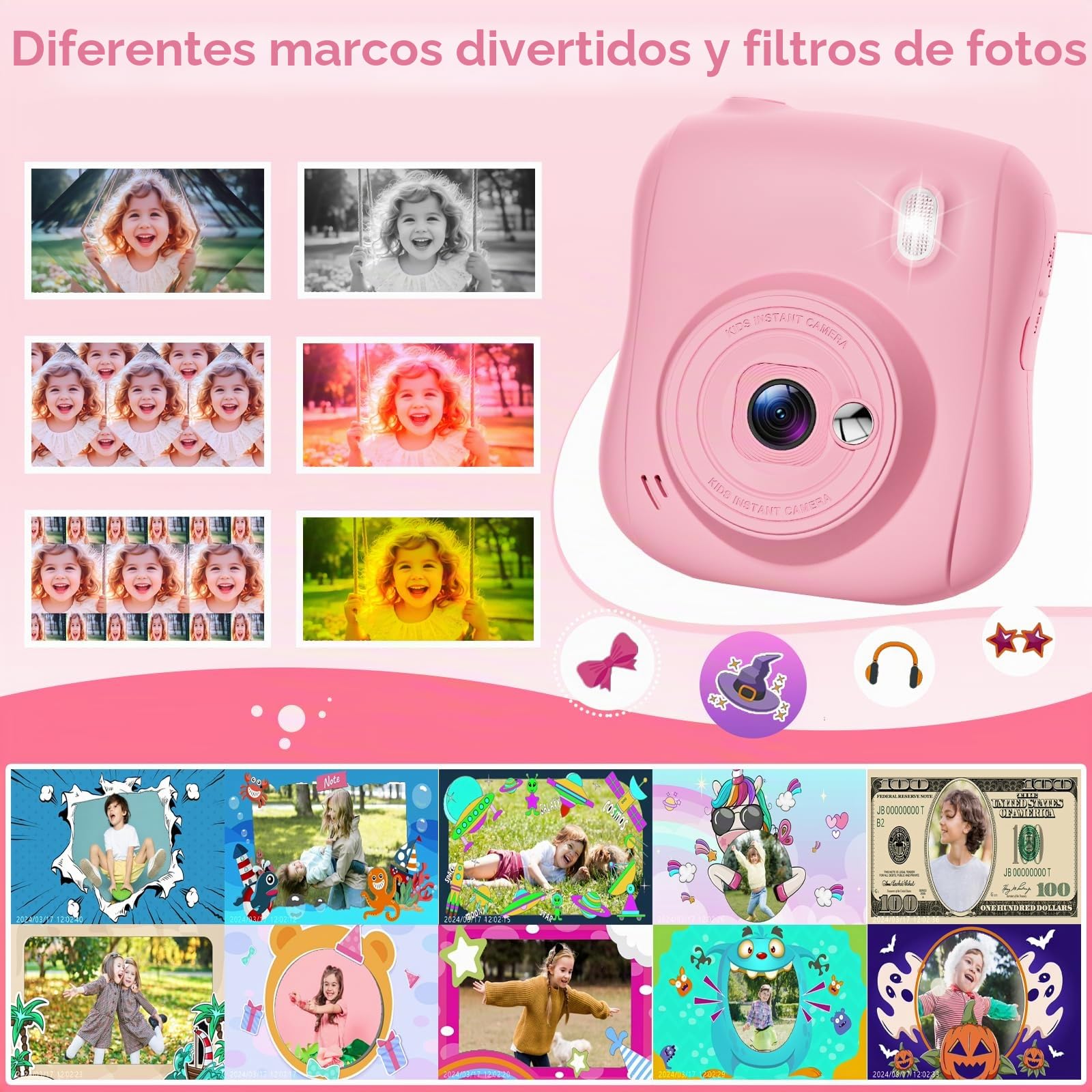 Hangrui Camara Fotos Infantil Instantanea, 1080P Camara Fotos Infantil, Cámara Instantánea para Niños con Tarjeta de 32GB,Papel de Impresión y Bolígrafos de Colores, Regalos Juguete-Rosa
