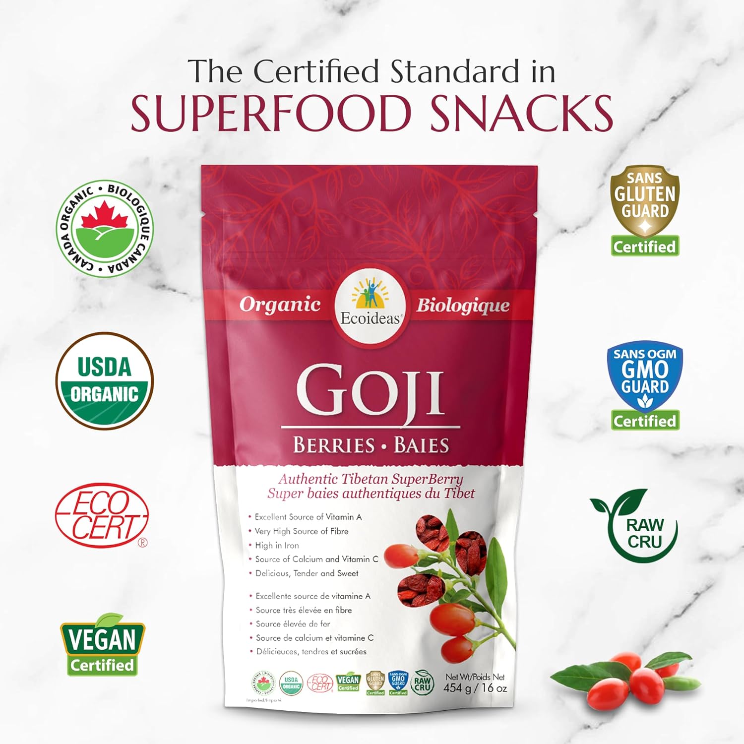 Ecoideas Organic Goji Berries Dried – 454g | Raw, Unsweetened, Natural Superfood – High in Antioxidants & Vitamin C | Non-GMO, Vegan, Gluten-Free – Perfect for Snacks, Smoothies & Baking