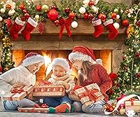 Vista 5 de Fondo de fotografía de chimenea de Navidad de 7 x 5 pies, fondo de regalo para fiesta de invierno, decoración de vacaciones, retrato fotográfico