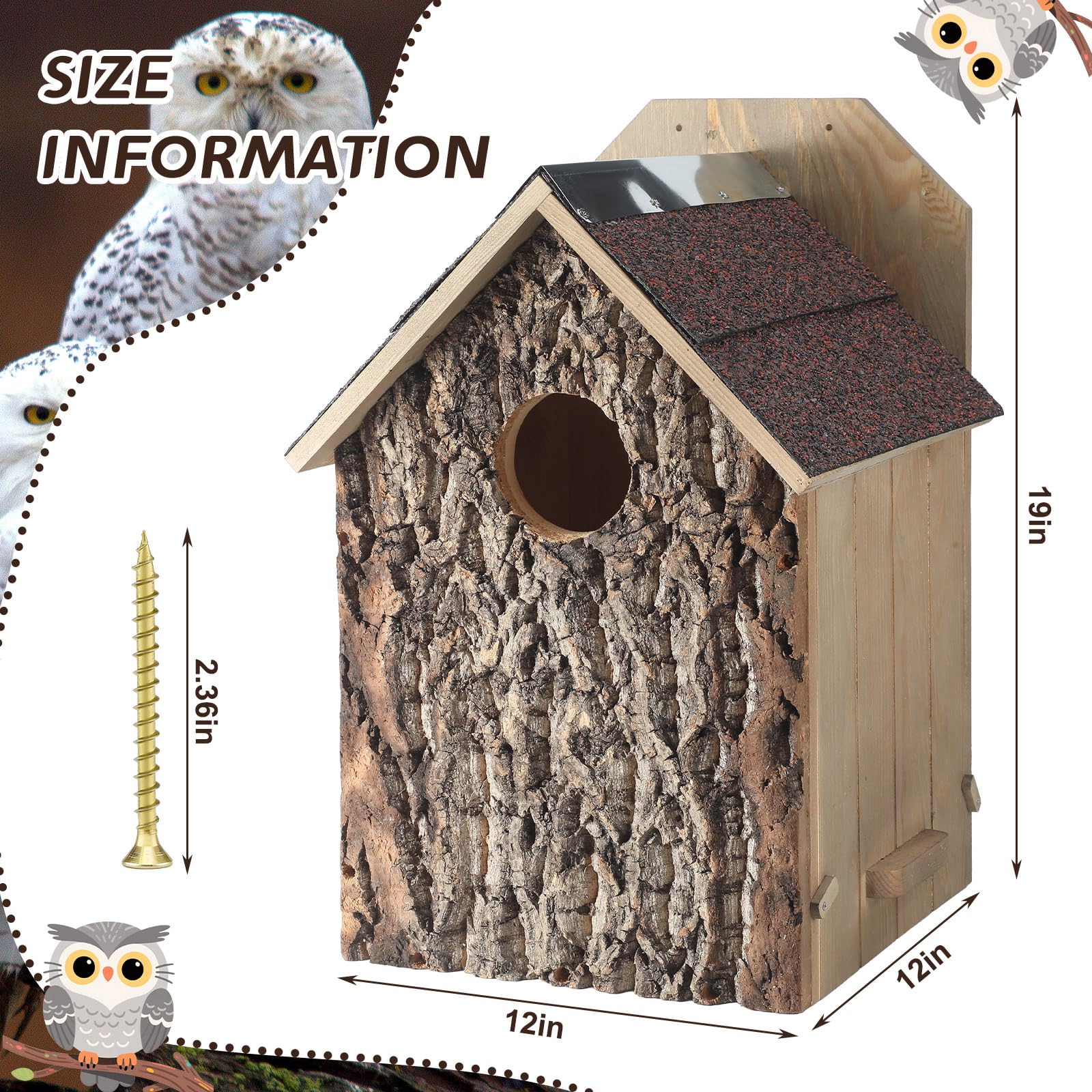 Weysat Eulenhaus Eule Vogelhaus 30.5 cm x 30.5 cm x 48.3 cm Groß Handgefertigte Holz Runde Öffnung Kreisch Nest Haus Echte Rinde Dach Imprägnierung für Außen Nistkästen für Wildtierliebhaber
