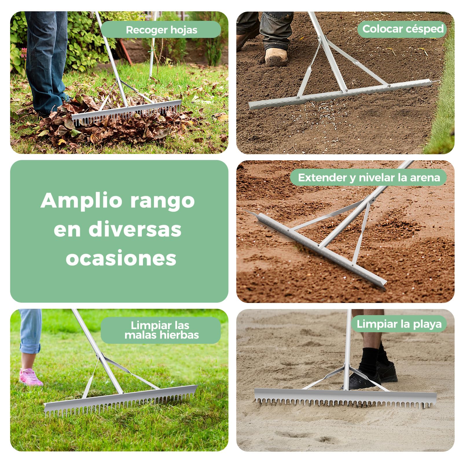 COSTWAY Rastrillo de Jardin, Rastrillo Jardin con Mango de 174 cm, 36 Púas, Rastrillo De Aluminio Cuidado del Césped, Jardín, Lago, Estanque, Playa