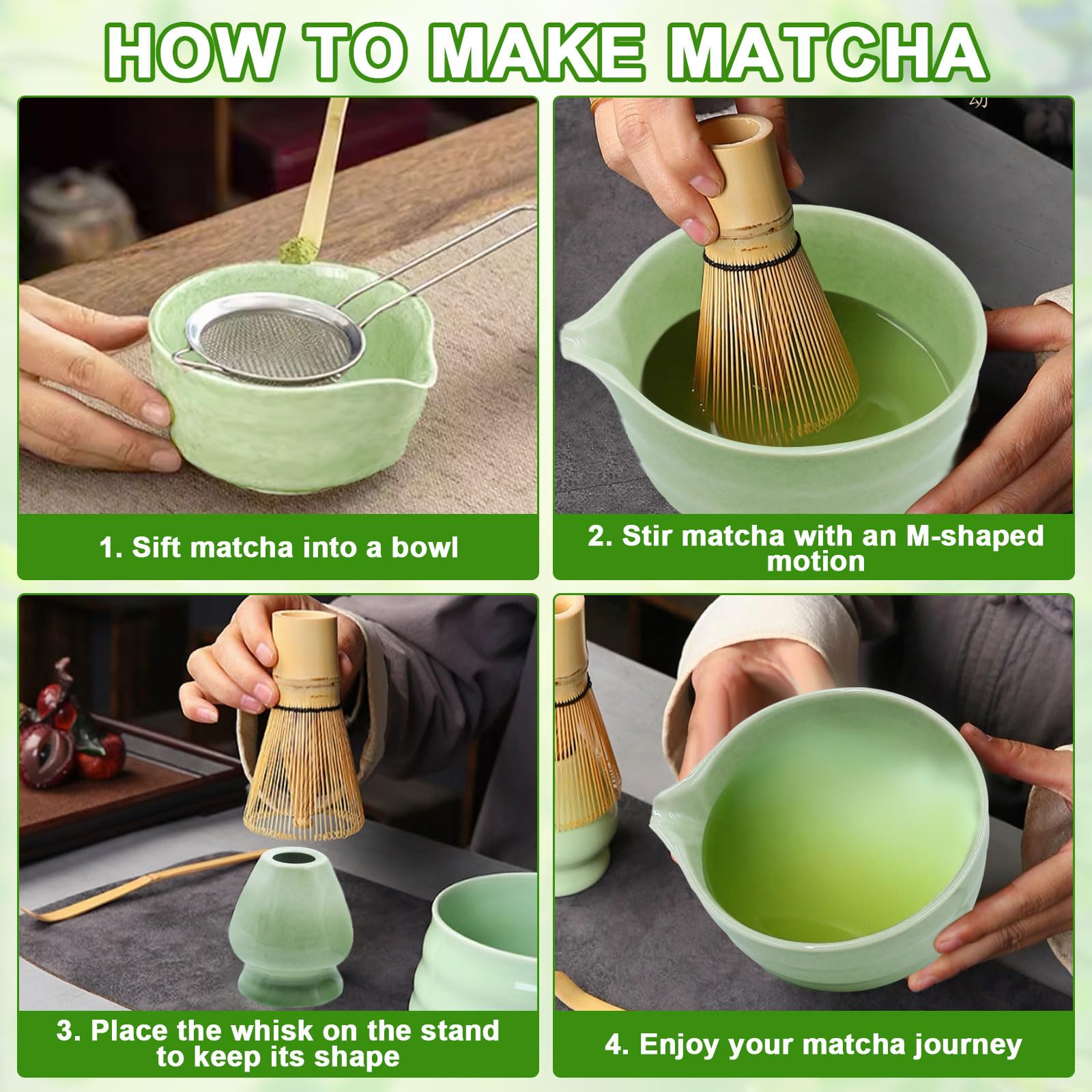 5 szt. Ceramiczny zestaw match, miska matcha, trzepaczka, szpatułka, sitko, uchwyt na miotłę