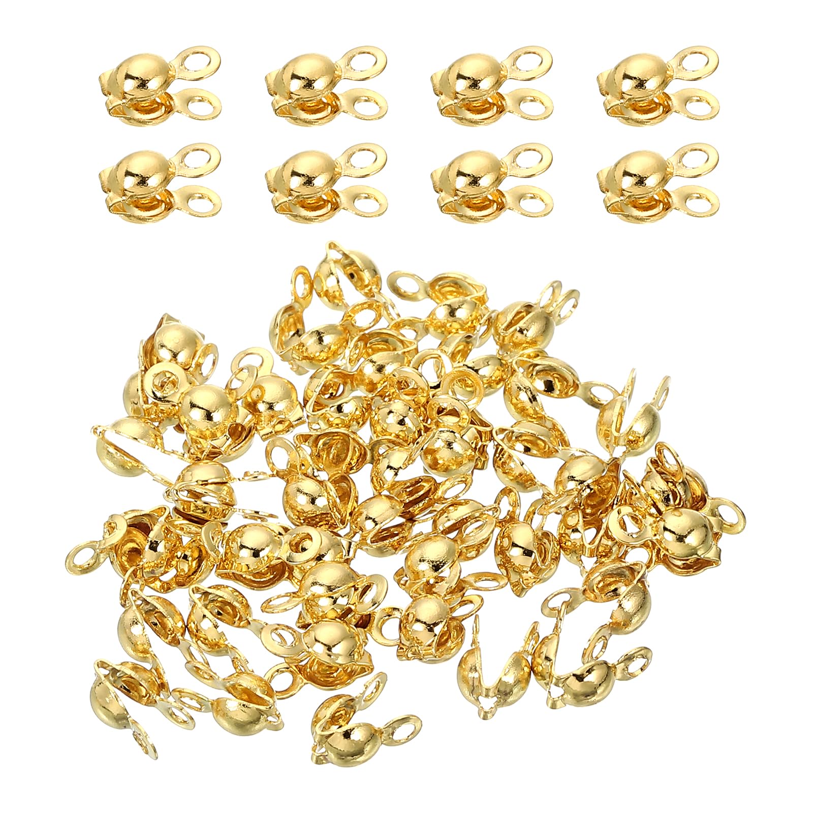 uxcell 100 Pcs 3.2mm Crimp End Caps, Clamshell Cord End Cap Connector Clasp Bead Tips Knot Covers Calotte End Crimp for DIY Jewelry Making, 18K Gold