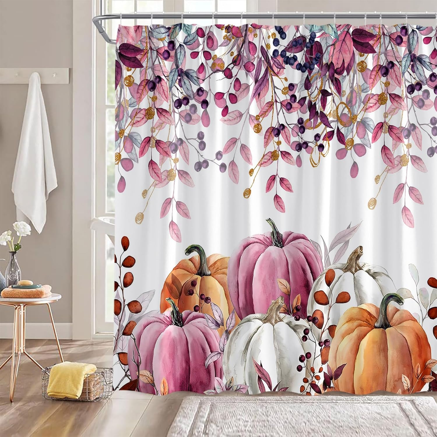 Fall Thanksgiving Shower Curtain,Pumpkin Leaf Watercolor Weeping Leaves Autumn Pink Orange Polyester Bathroom Curtain with 12 Hooks,Bathtub Home Decor,70x84 Inch