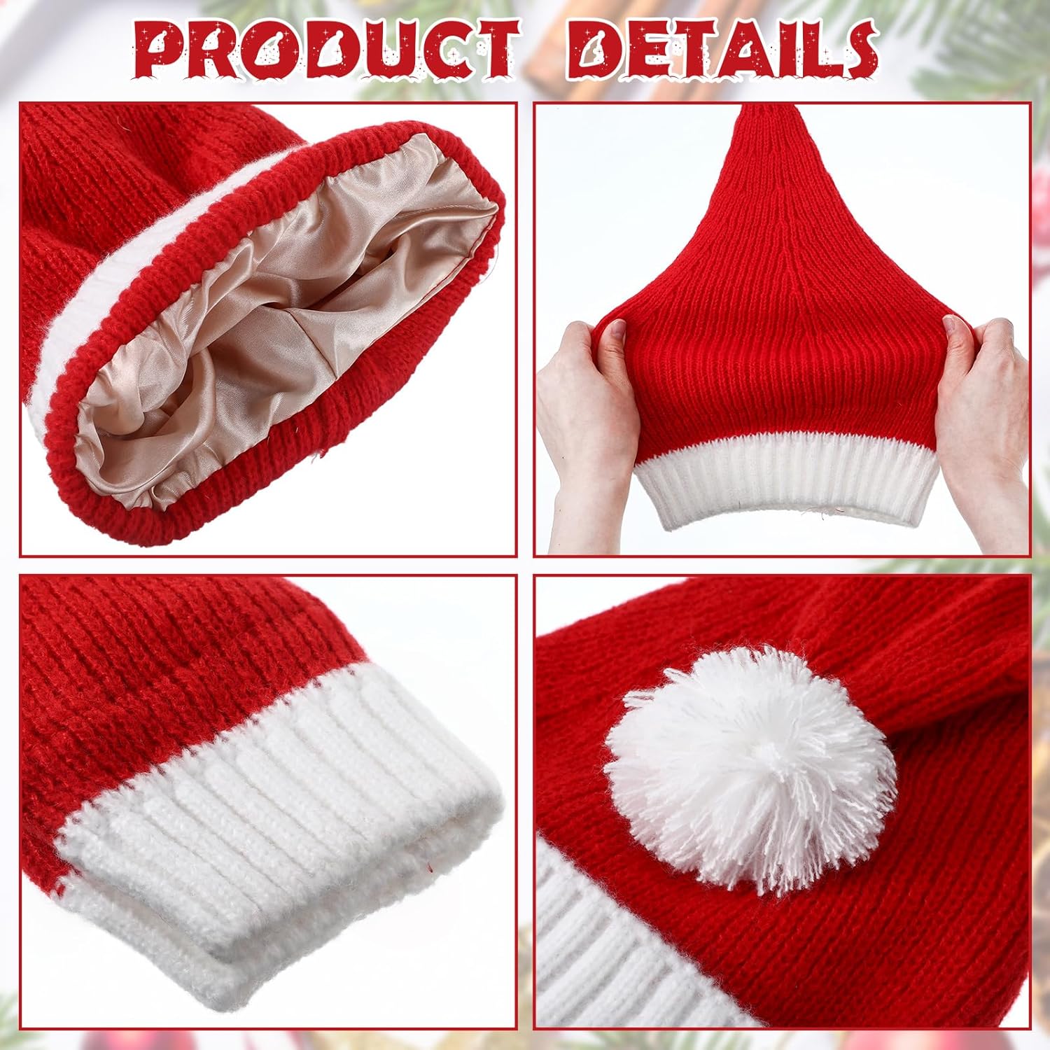 Berlune 3 Pcs Santa Hat Christmas Hat Knitted Silk Lined Long Soft Warm Red Washable Knitted for Xmas Adult Women Men New Year Festive Holiday Party Indoor Outdoor Winter - Image 3