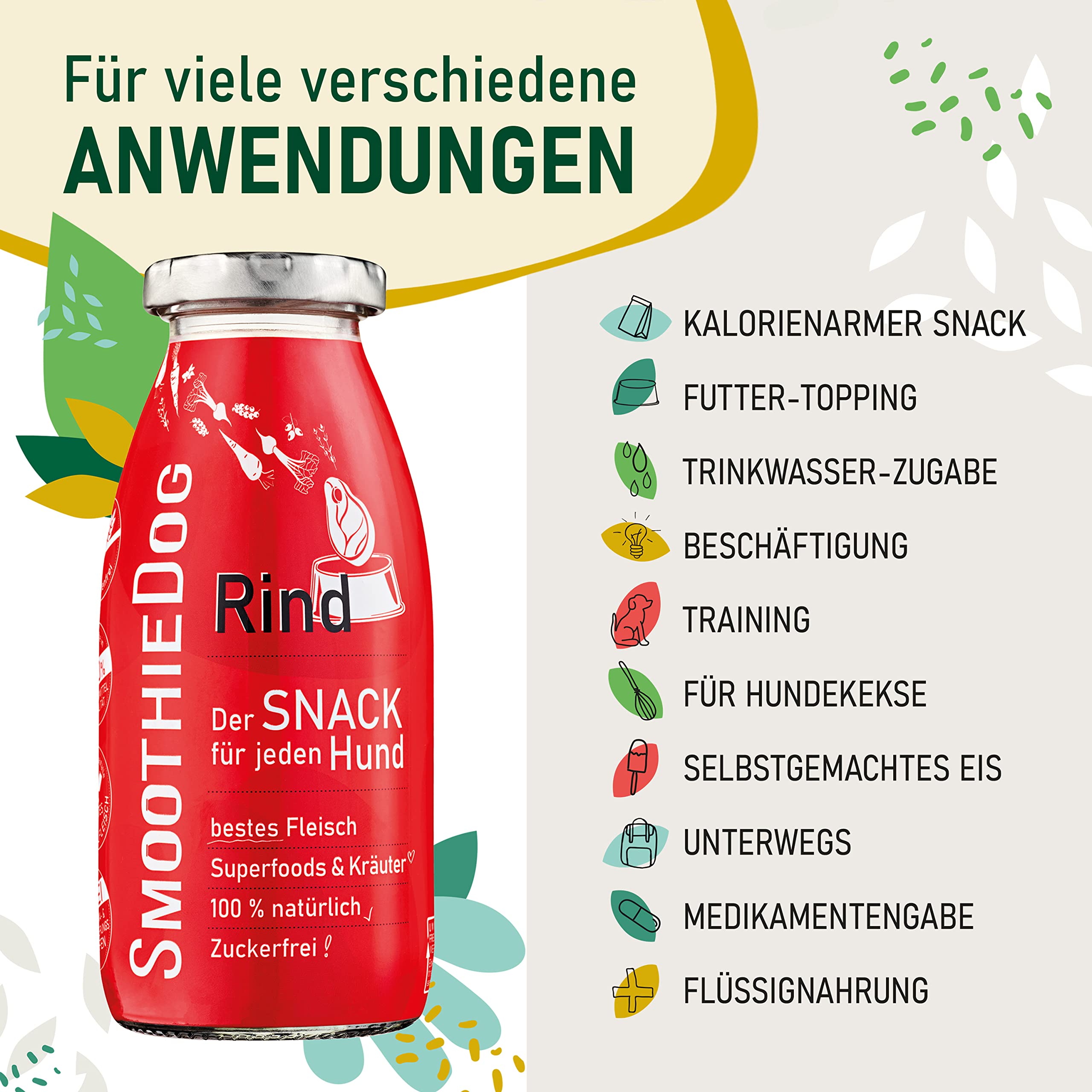 SmoothieDog Schleckball + SmoothieDog Hundesmoothie 6er Mix (250ml) - Schleckball für Hunde, Snackball, zur Beschäftigung, bpa frei, robust, befüllbar, zum einfrieren, spülmaschinenfest