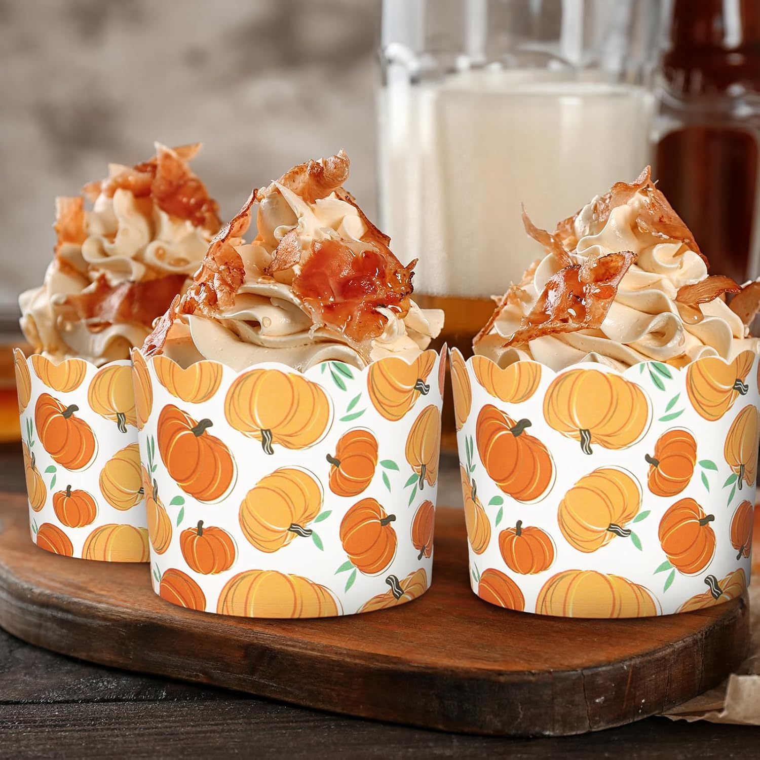 JarThenaAMCS 100 Pcs Pumpkin Paper Baking Cups Watercolor Fall Pumpkin Cupcake Wrappers Scalloped Edge Cupcake Muffin Cases for Autumn Thanksgiving Party