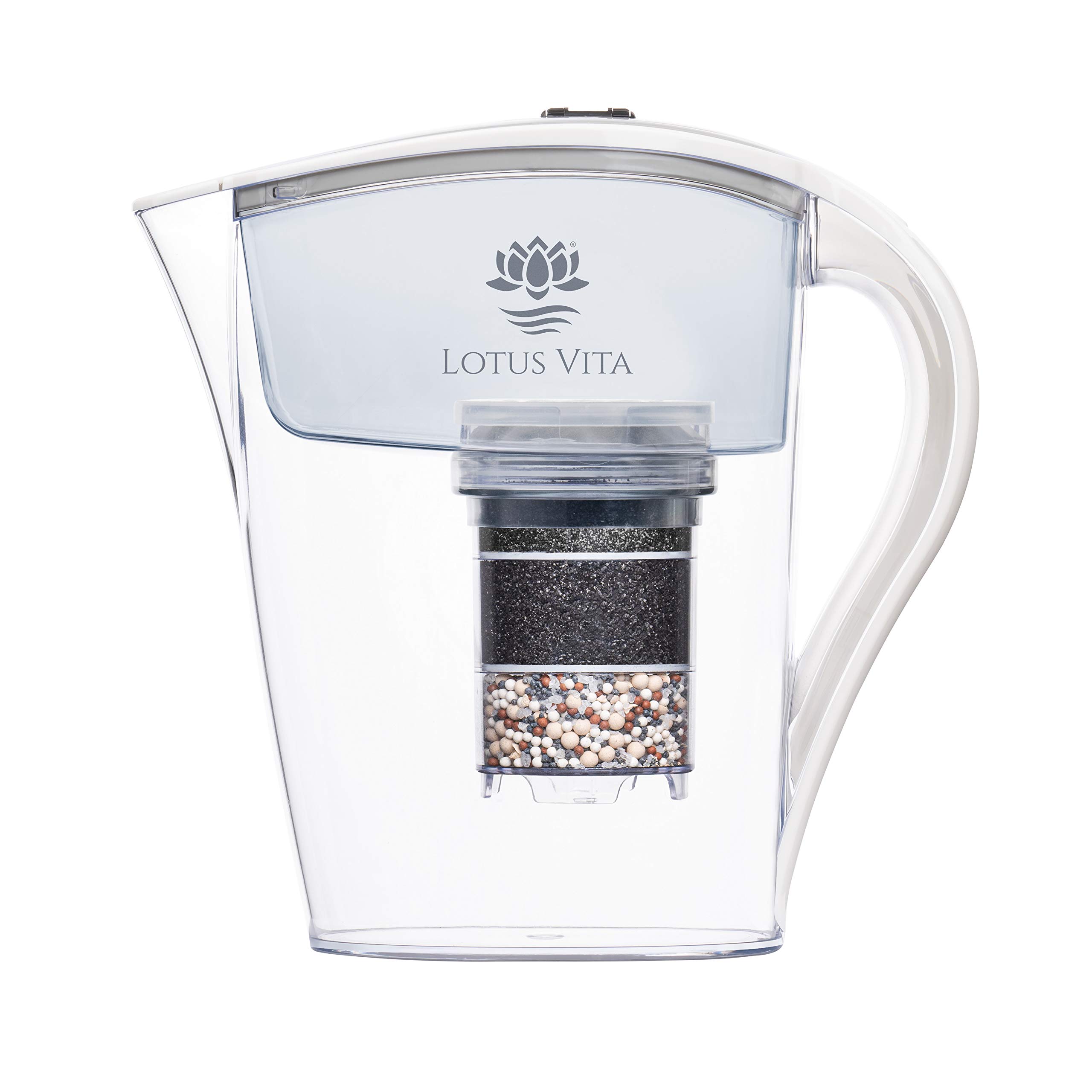 Lotus Vita FAMILY weiß - Wasser Filterkanne mit Kartusche, Reduziert Kalk Chlor Blei aus Leitungswasser durch Aktivkohle Ionentauscher, BPA-frei