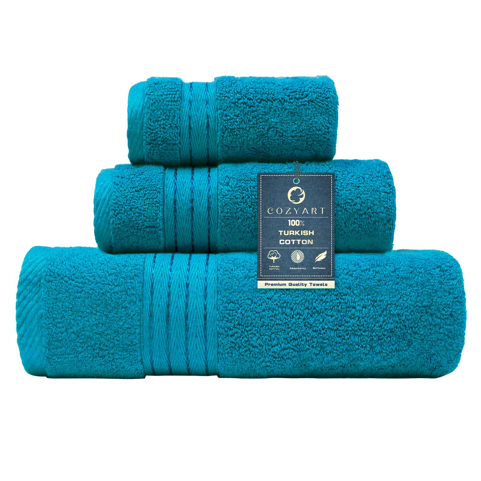 COZYART Luxury Crystal Teal/Peacock Blue Bath Towels Set, Cotton Hotel Large Towels for Bathroom, Thick Bathroom Set of 3 with 1 Bath Towel, 1 Hand