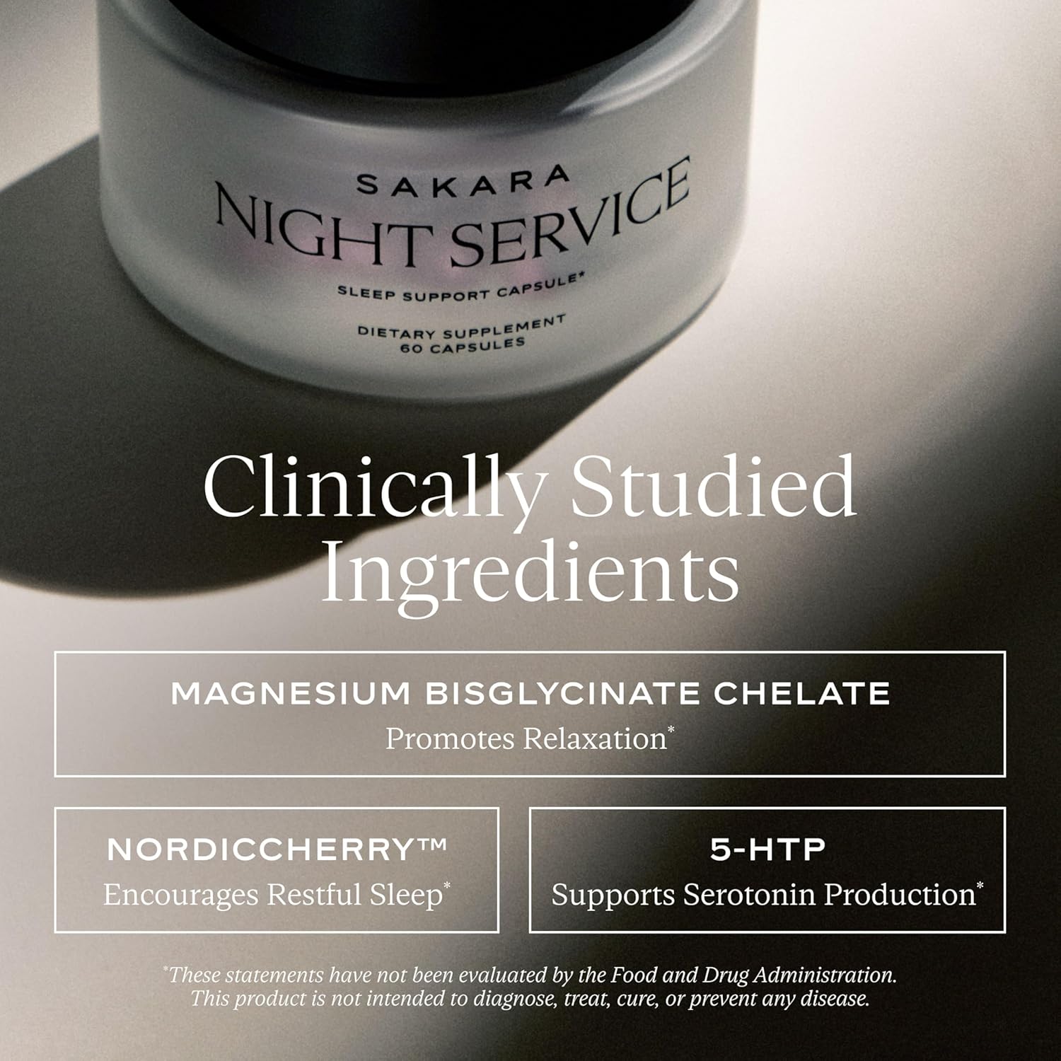 SAKARA Night Service Sleep Support – Natural Assistance for Better Sleep with Magnesium Glycinate, NordicCherry™ & 5-HTP for Calming, Deep Sleep – Supports A Full Sleep Cycle – 60 Capsules