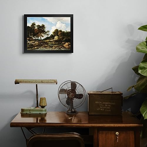 Vista 4 de Cabaña perdida un paisaje arbolado del río con un puente una iglesia más allá de Jacob van Ruisdael Impresión en marco plano negro Reproducción