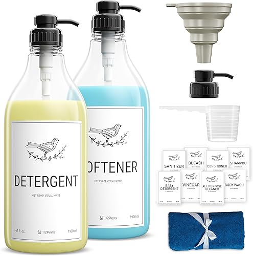 Dispensador de detergente líquido para ropa y dispensador de suavizante de tela de 67 onzas, recipientes de plástico duro para detergente - Botella