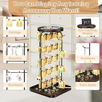 Rotating Earring Display for Vendors, Earrings Holder Organizer for Selling, Necklace Storage Stand, Metal Jewelry Tree with Wooden Tray for Hoops, Keychains, Rings, Bracelets (Brown)