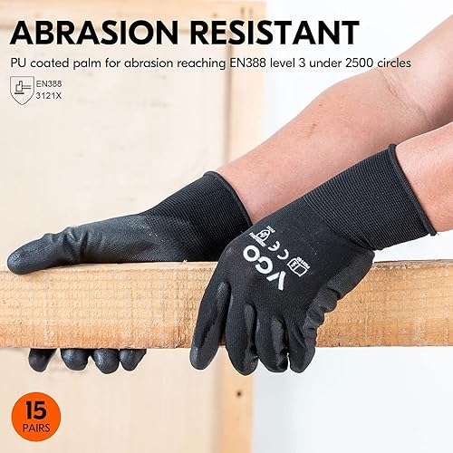 Miniatura 3 de VGO - 15 pares de guantes de trabajo de seguridad, guantes de jardinería, revestimiento de poliuretano, guantes de inmersión, sin látex (talla L,