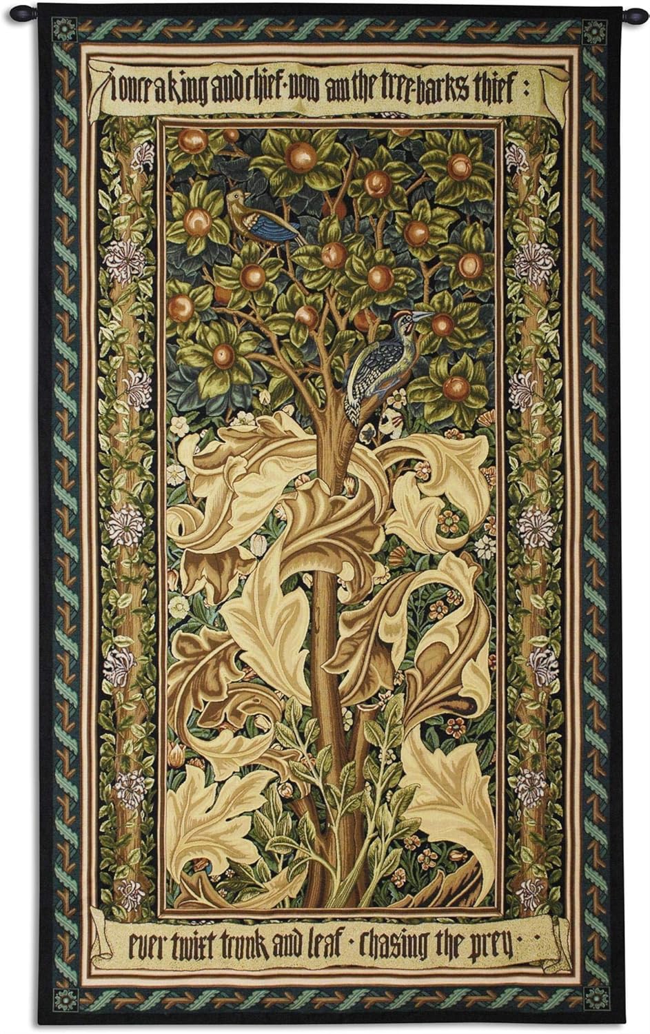 Woodpecker Gold by William Morris | Arts and Crafts Style Woven Tapestry Wall Art Hanging | Woodpeckers Stealing Fruit among Acanthus Leaves | 100% Cotton USA Size 72x41