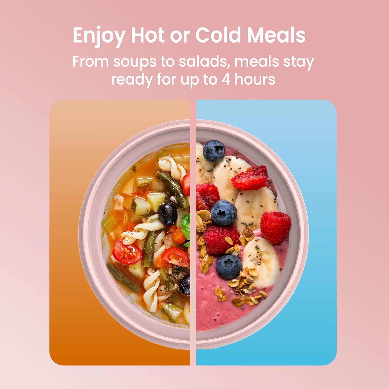 Two halves of the Bentgo Bowl, one with hot soup and the other with cold fruit and yogurt, illustrating its versatility for both hot and cold meals.