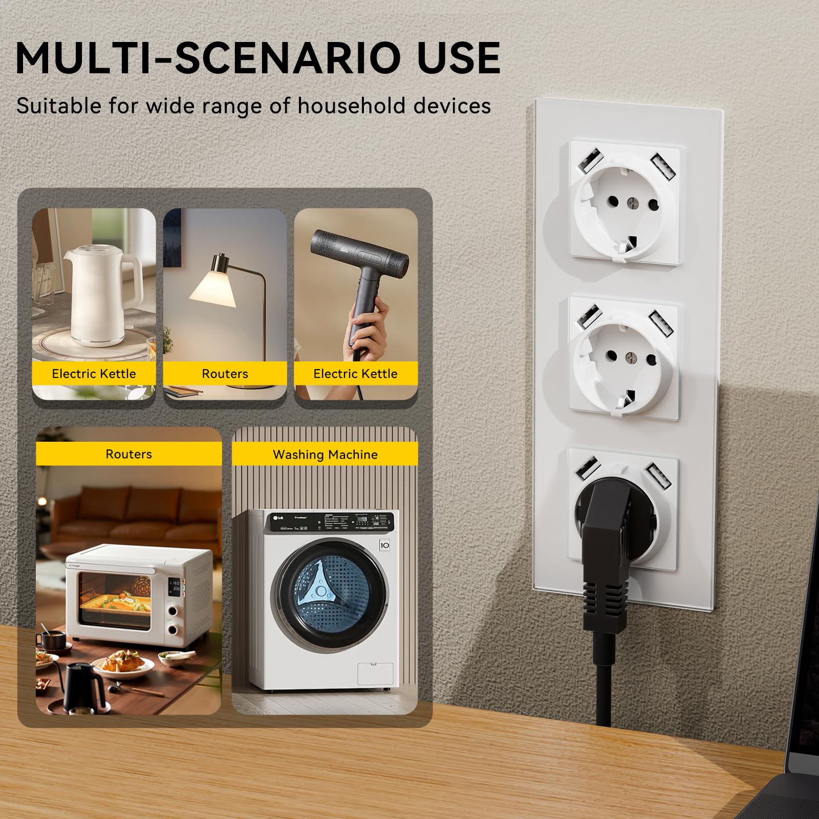 gniazdo Schuko z USB-A podtynkowe 86 * 370mm, gniazdo EU 16A z ramką ze szkła, 2 USB typu F z uziemieniem, łatwa instalacja (zaczepy składane), 5-funkcyjne białe
