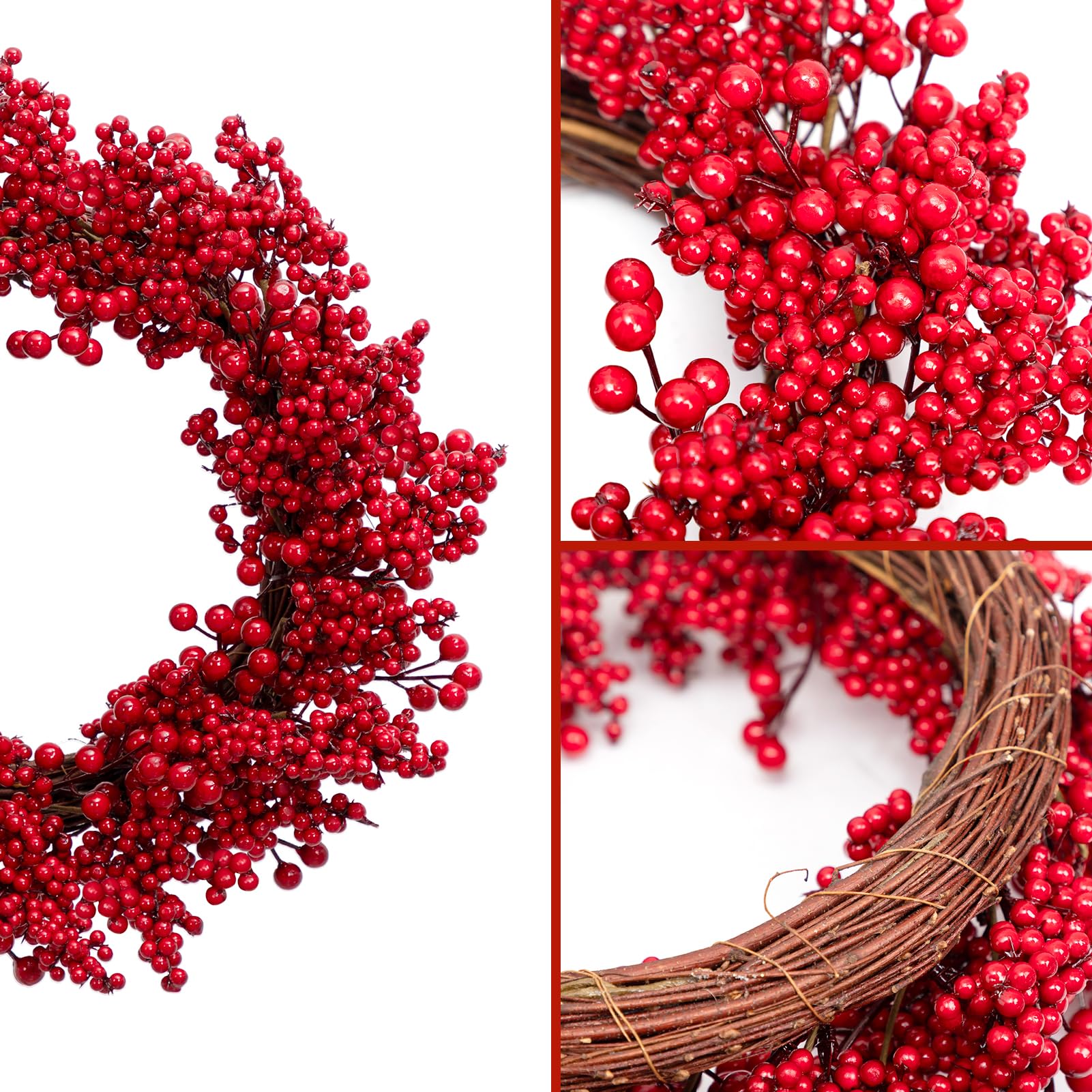 LOHASBEE Artificial Christmas Wreath, 16" Red Berries Grapevine Wreath for Front Door Home Hanging Wall Party Xmas Decor