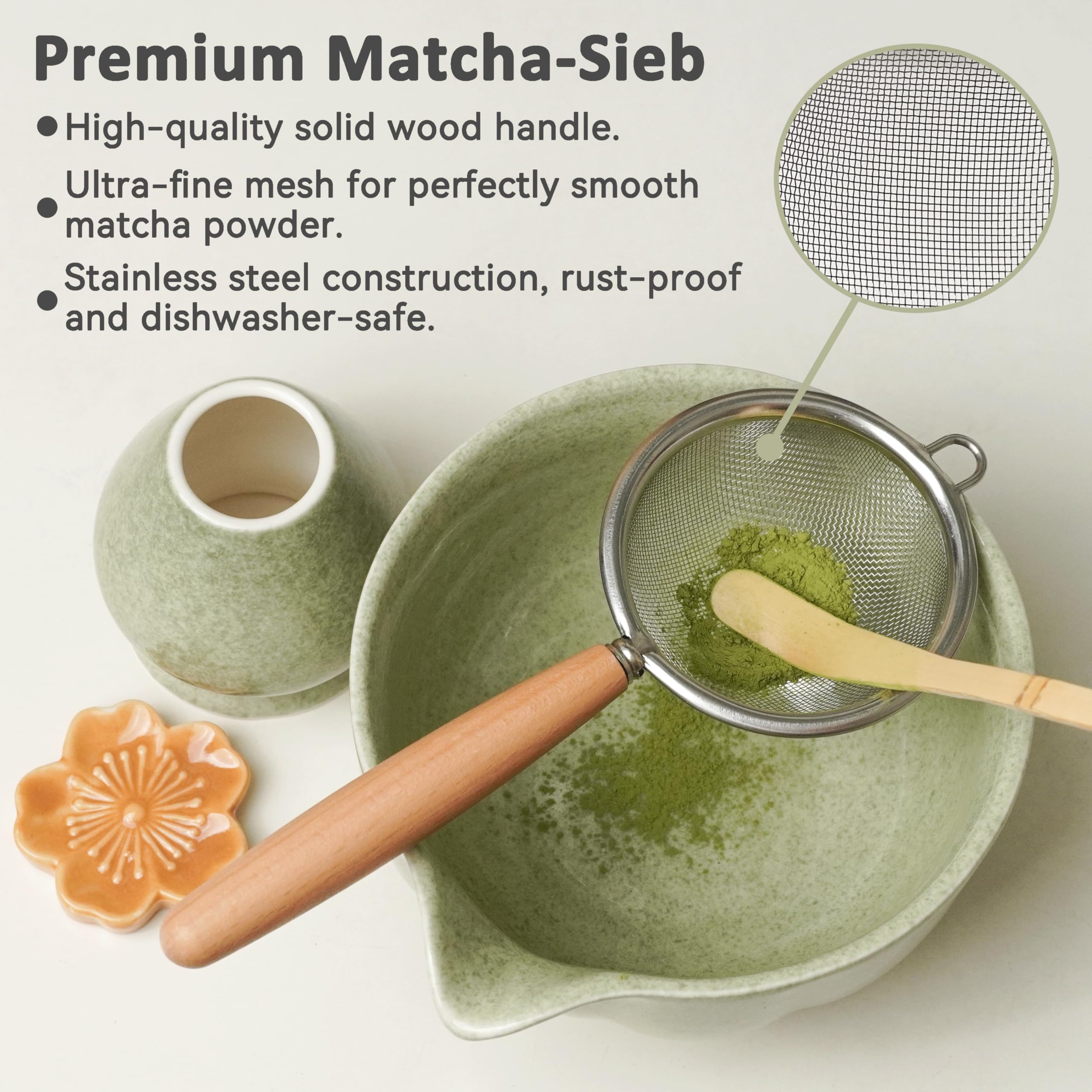 Set Matcha Premium 7 Pièces – Ensemble Exclusif pour Cérémonie du thé avec Chasen en Bambou (fouet), Bol en Céramique Rose, Cuillère et Accessoires
