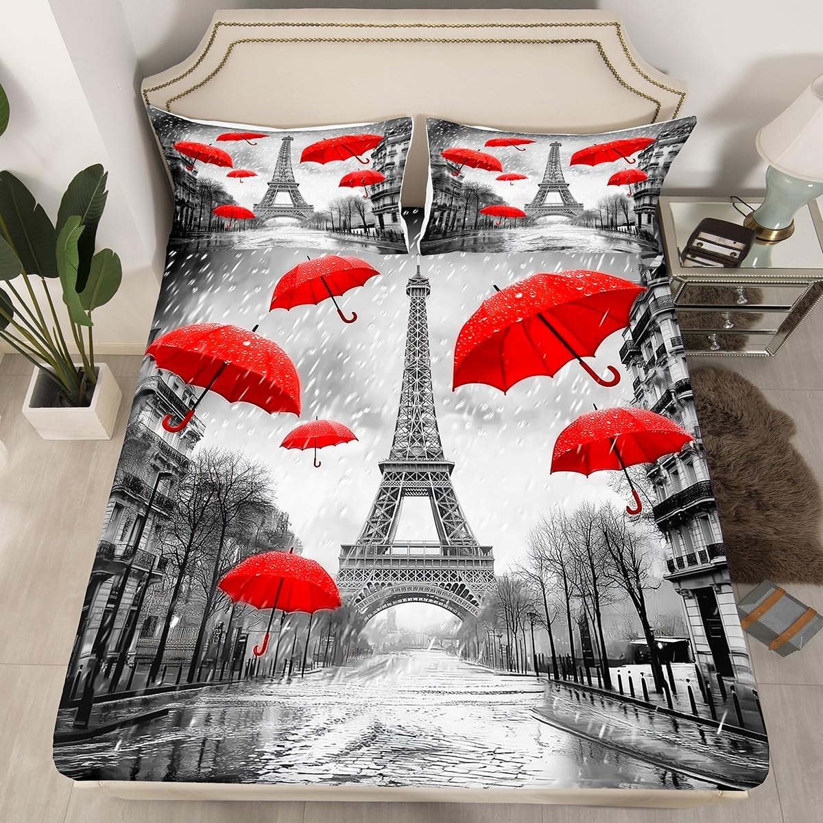 jejeloiu Eiffel Tower Bed Sheets Set Full Size Boys Girls Paris Fitted Sheet for Kids Valentines Bedding Set Trip Design Grey Red Room Decor Soft