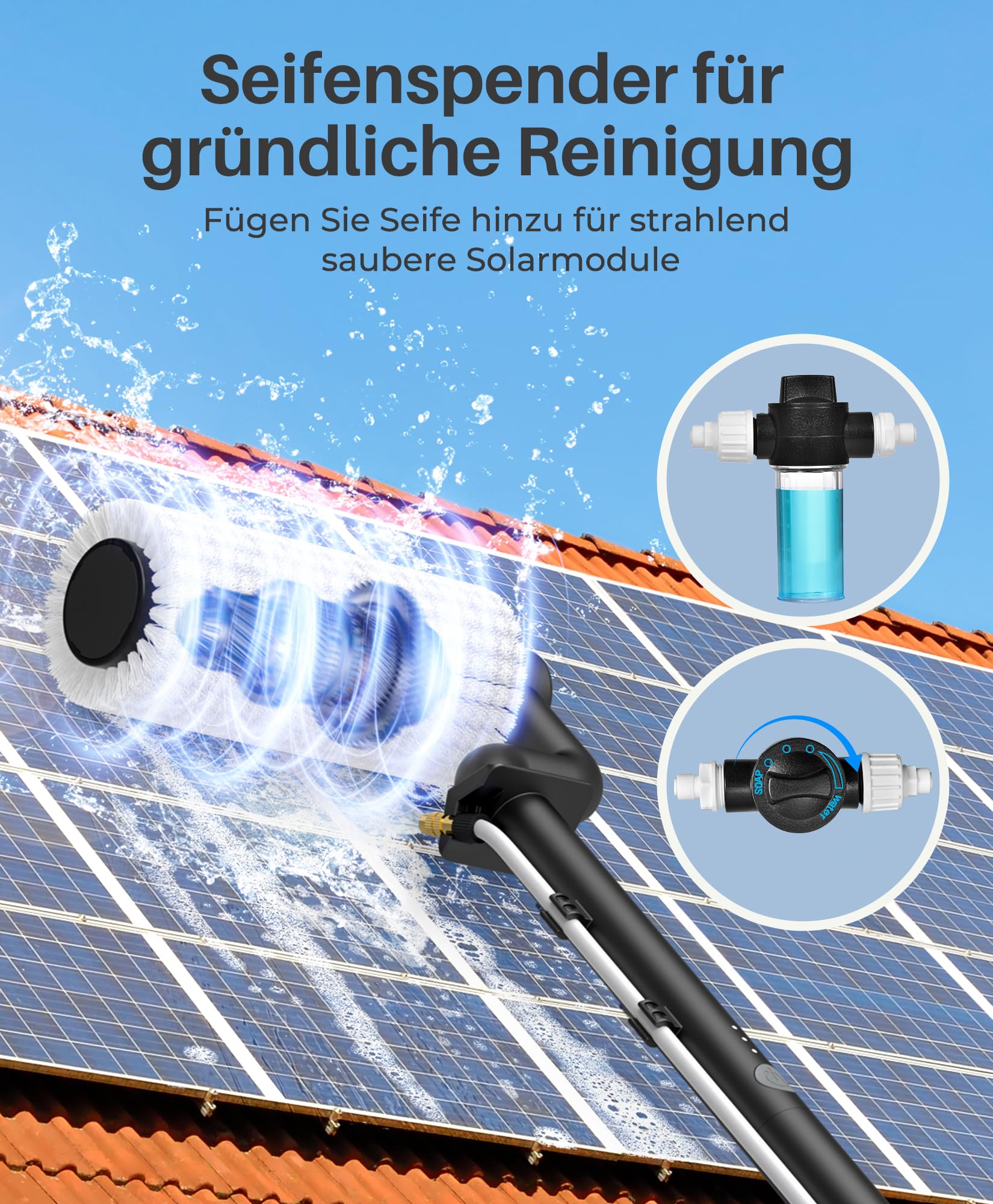 LyriFine Elettrico spazzola pulizia pannelli fotovoltaici 6,2 metri, 5 stadi telescopic hydrocleaner kit pulizia pannelli fotovoltaici e Velocità della 2a marcia per pannelli solari, vetri per tetti