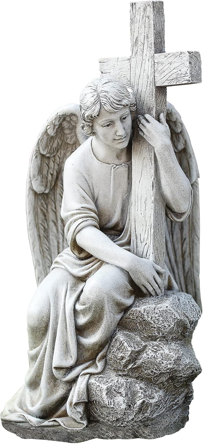 Joseph's Studio by Roman 13" H Male Angel with a Cross Garden Statue, Religious Outdoor Decor,