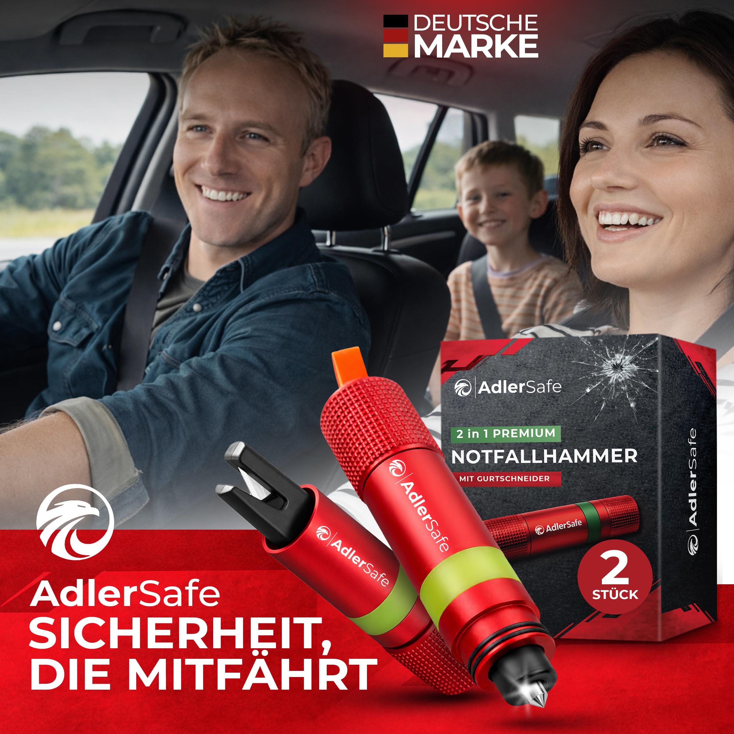 Notfallhammer Auto mit Gurtschneider - Nothammer - Federkörner Glasbrecher zum Lebenretten - Rettungswerkzeug Notfallset für Scheiben - Sicherheitshammer für Unfälle
