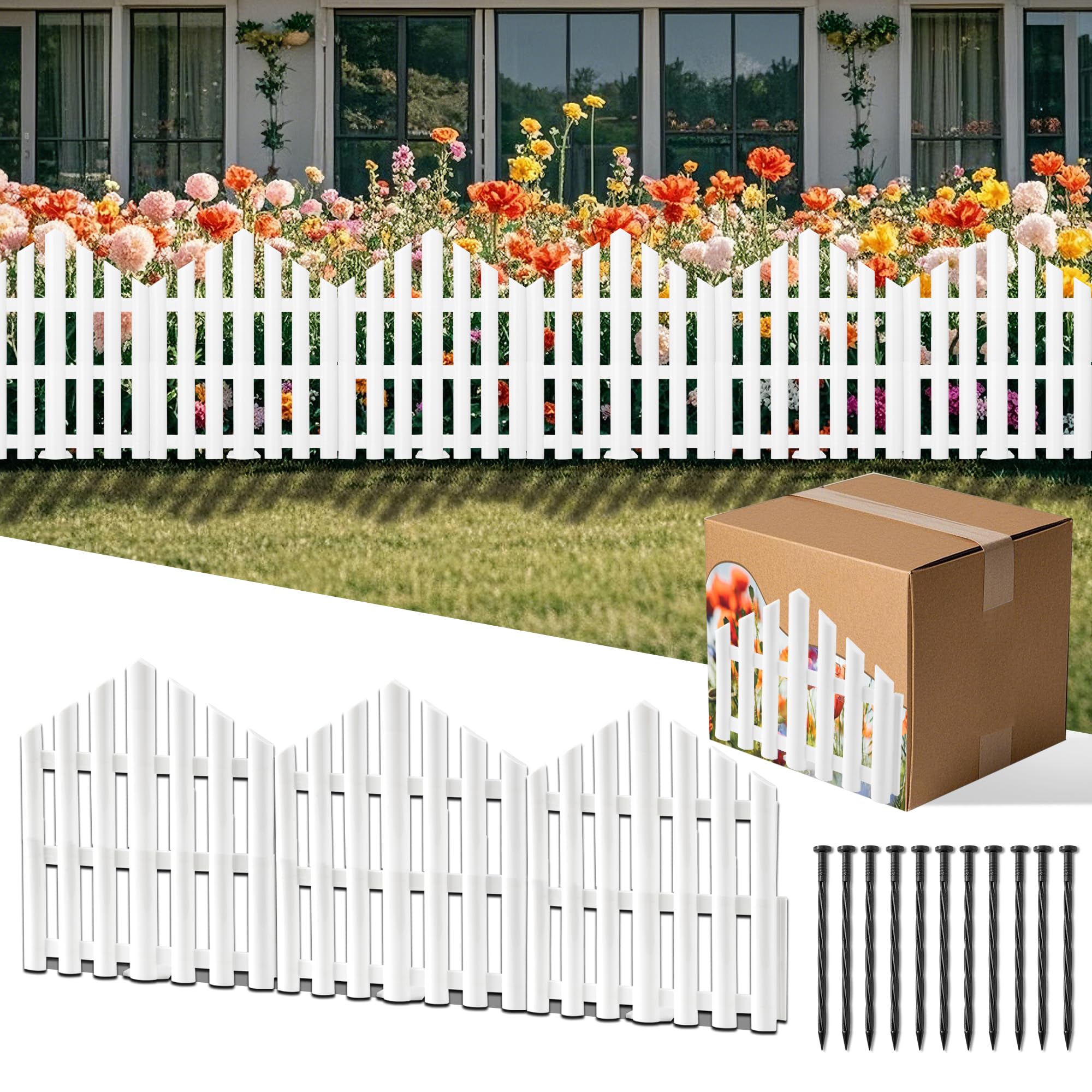 CooTentler Garden Edging Border No-Dig 13FT White 14.6 Inch Landscape Edging with 14pcs Stake for Decorate The Garden