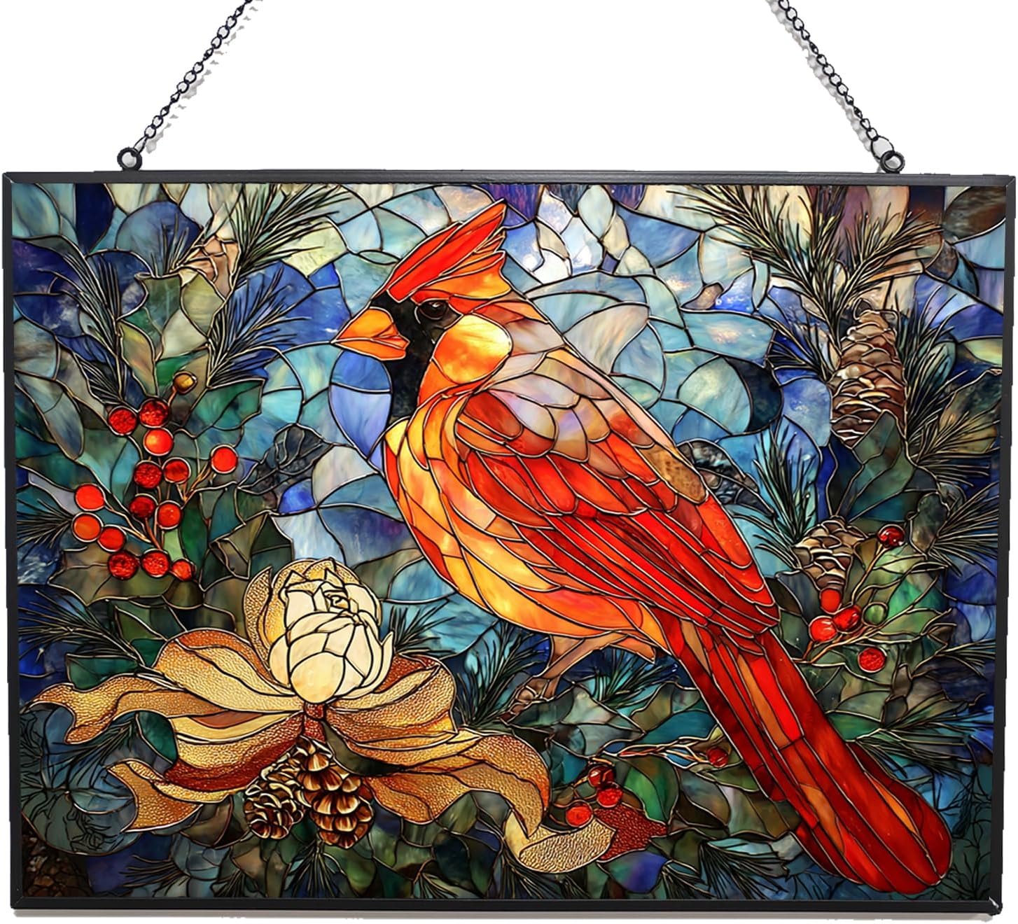 Customized Rectangle Nature Inspired Christmas Cardinal On Mailbox Suncatchers for Windows, Stained Glass Window Hangings,Hand-Painted Glass Panel Perfect for Home Décor
