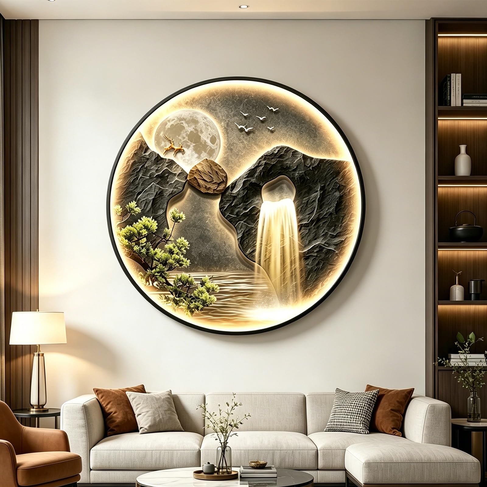 Round Mountain Waterfall Crystal Glass Wall Art, 3D LED Backlit Landscape Painting with Aluminum Alloy Frame Plug in Lighted Decor for Living Room Bedroom Entrance(Gold,D,70*70cm/27.6*27.6in)