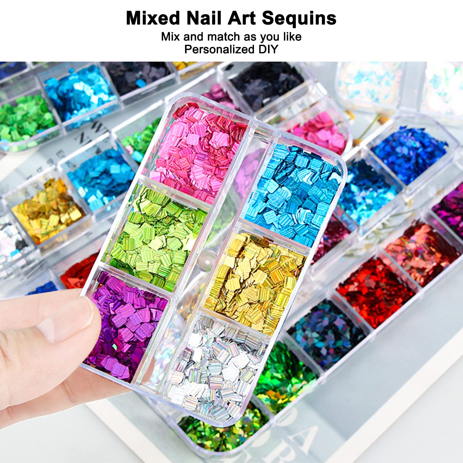 Sonew 3 Box 6 Grids Square Nail Sequins, Colorful Nail Sequins, Mixed Colorful Square Nail Art Glitter - Image 2