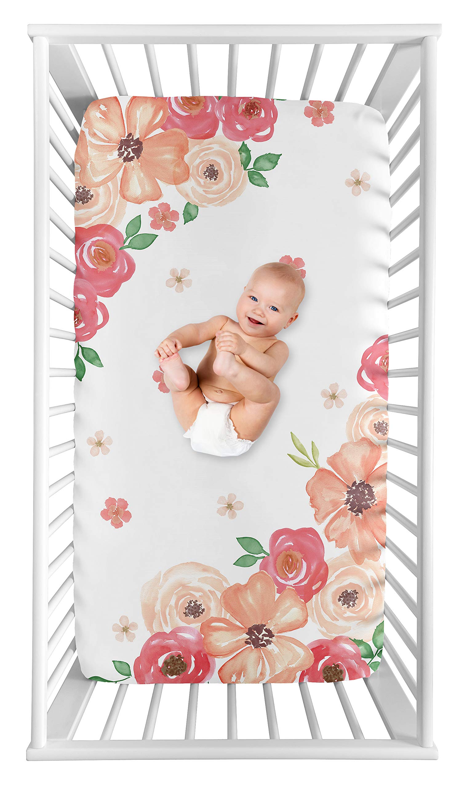 Sweet Jojo Designs Shabby Chic Floral Girl Fitted Crib Sheet Baby or Toddler Bed Nursery Photo Op - Peach, Pink and Green Watercolor Rose Flower