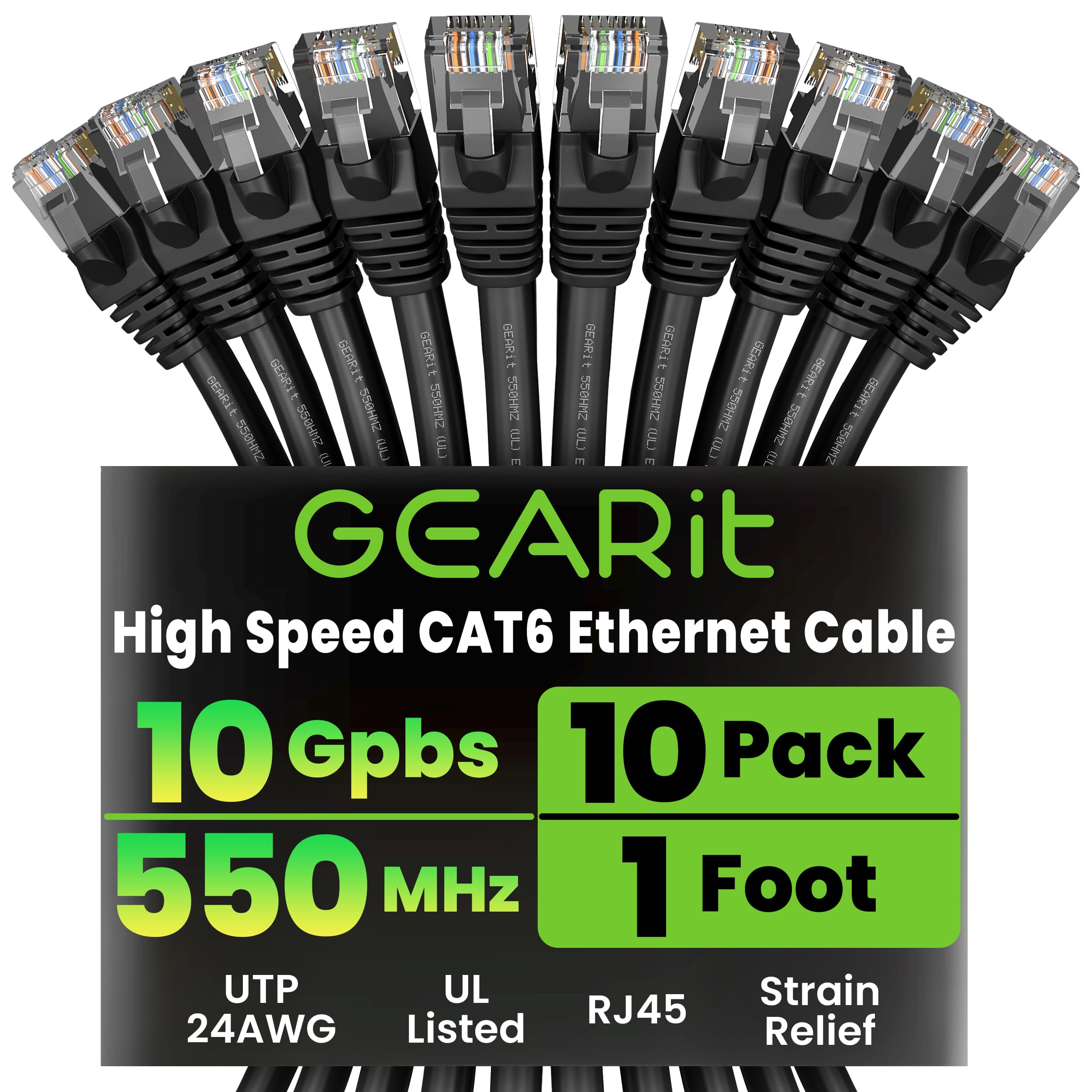 GEARit Cat 6 Ethernet Cable - High-Speed LAN Cord for Gaming and Personal Computers - Cat6 Patch Cable with RJ45 Connectors, 1 ft, Black (10-Pack)