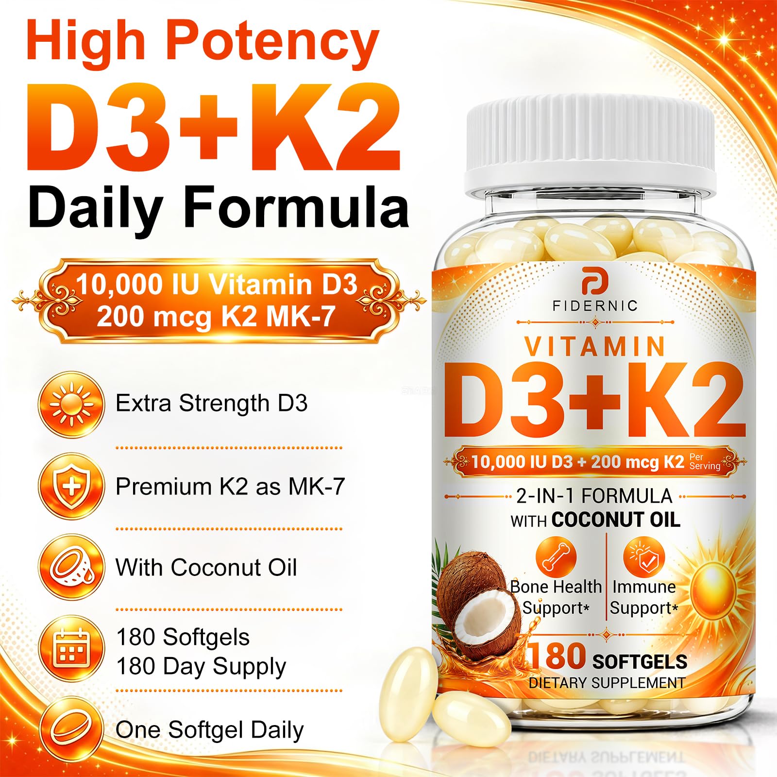 Vitamin D3 K2 - 10000 IU + 200mcg MK-7 with Coconut Oil - 180 Softgels — Amazon image 2
