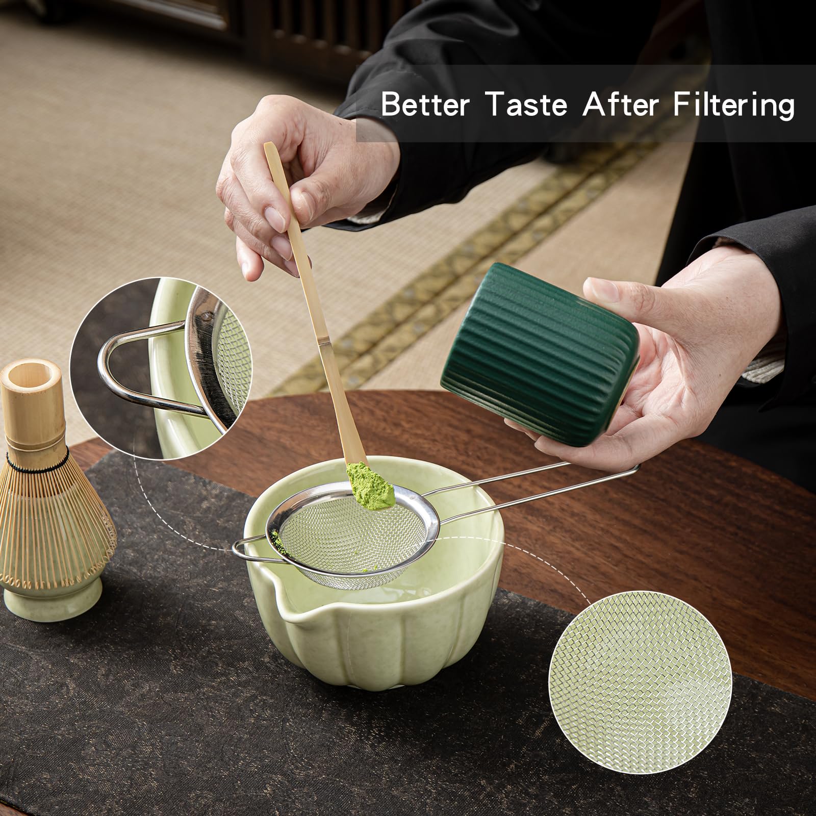 Condition photo showing New/Like New for matcha whisk set, matcha set includes ceramic matcha bowl, bamboo whisk, scoop, chasen holder, sifter, 5 pcs perfect matcha kit for matcha lover (mottled green)