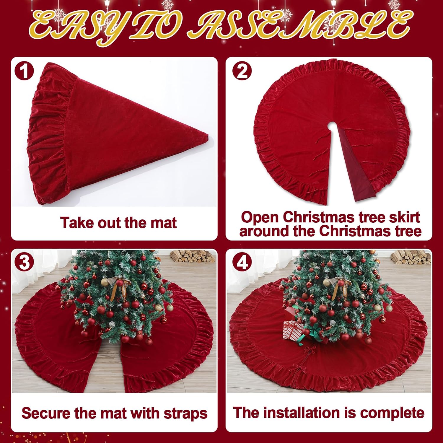 84inch Extra Large Ruffled Christmas Tree Skirt Red Luxury Velvet Tree Skirts with Ruffle Border Plush Xmas Trees Mat with Lace Ties for Indoor Outdoor Home Christmas Winter Holiday Party Decorations