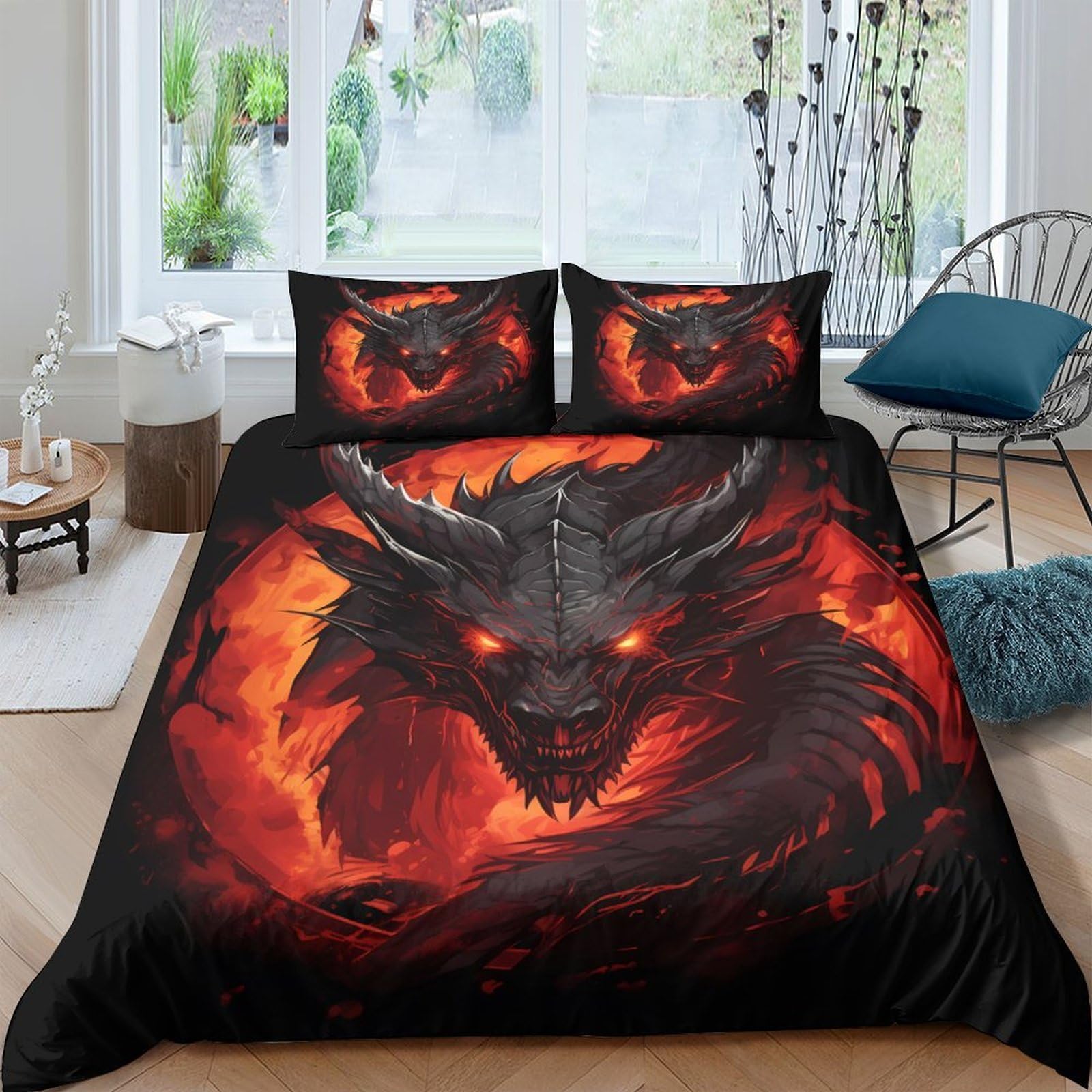 Ctjqhvkz Style-2 3D Printed Fiery Demon Fitted Sheet Microfiber Flame Dragon Bed Cover For Bedroom Dorm Mattress Décor Protection Single（135X200cm）