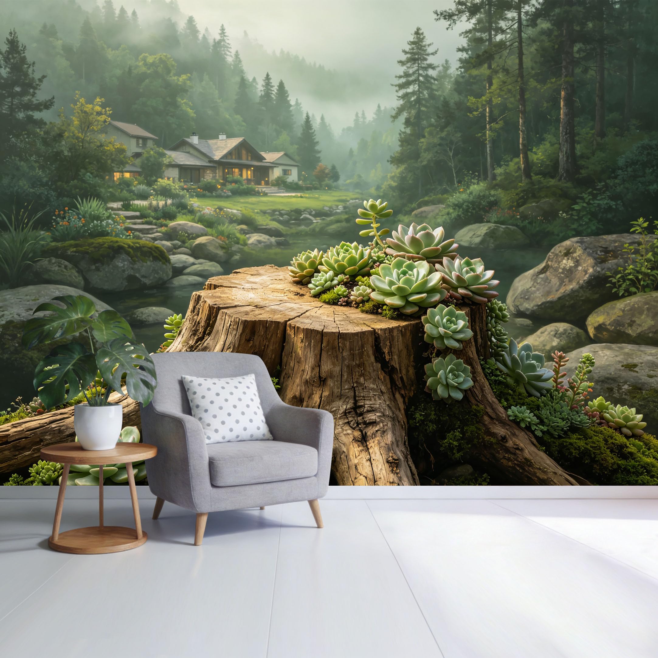 Custom Size Wall Mural Forest Landscape Succulent Plants on Tree Stump by Riverside Cabin Nature Botanical Style SelfAdhesive Wall Fabric Removable Wallpaper for Home Office Decor