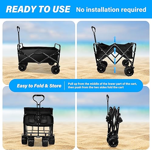 Miniatura 5 de YSSOA Carro plegable plegable, vagón de playa para arena con ruedas grandes, carro de utilidad plegable resistente, carrito de jardín portátil con