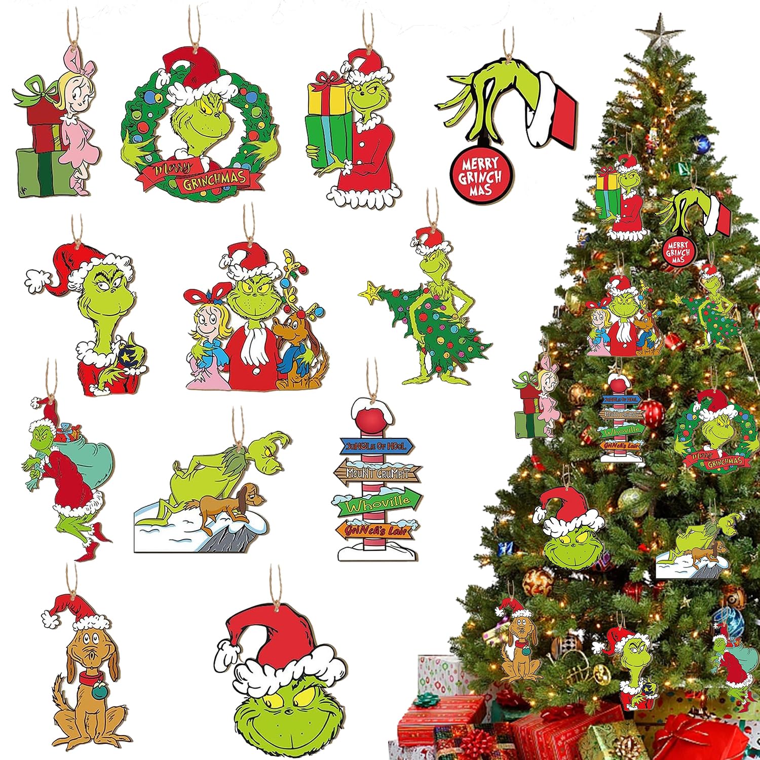 24Pcs Grinch Christmas Tree Pendants, Wooden Xmas Elf Hanging Ornaments for Xmas Tree Home Decorations