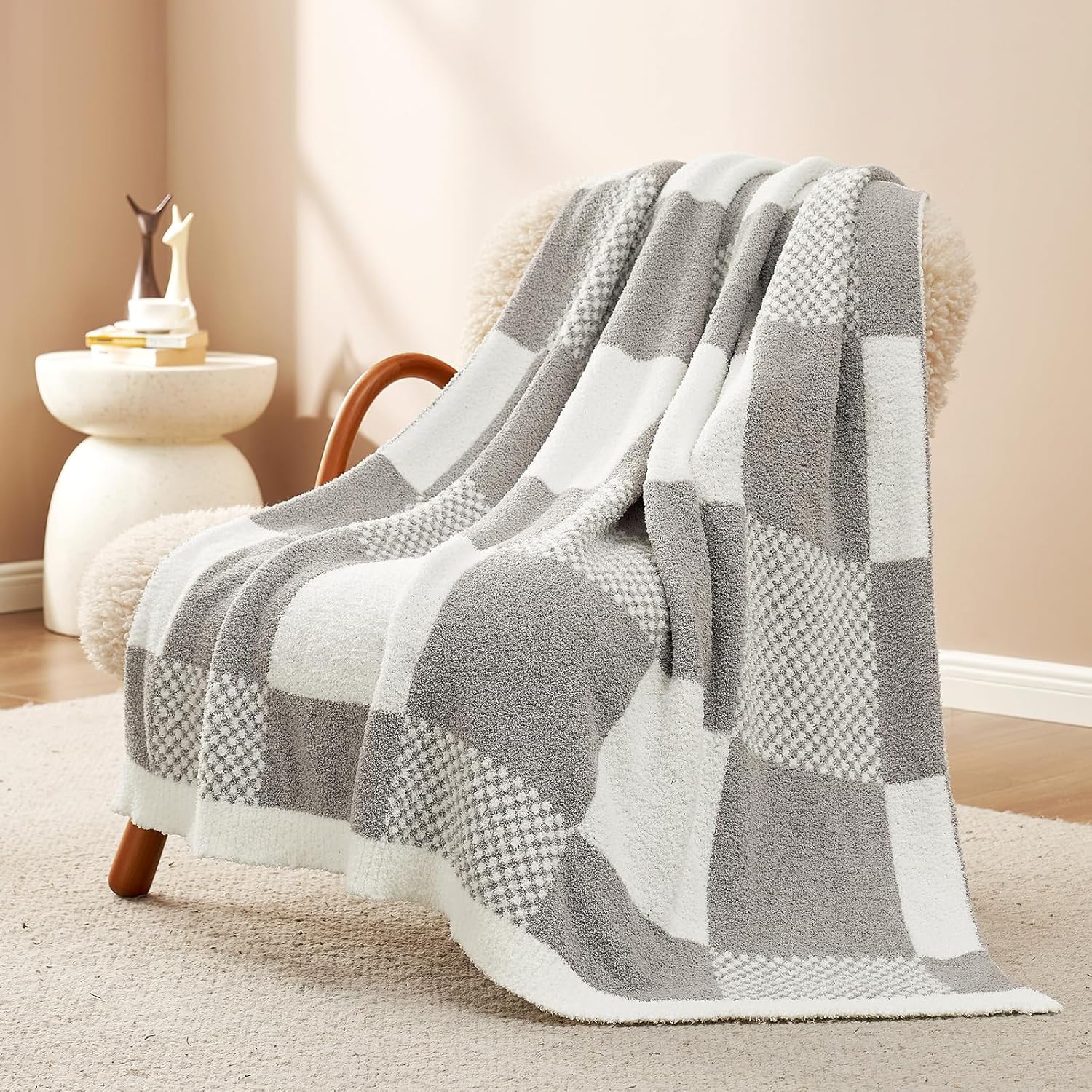 Snuggle Sac Checkered Blanket, Grey Throw Blanket for Couch Checker Microfiber Fluffy Warm Fuzzy Cozy Soft Throw Blanket Reversible Checkerered Blankets for Sofa, Chair, Bed, 50x60 inches Checker Grey Throw(50"x60")