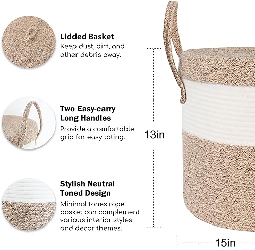 Miniatura 2 de Cesta de almacenamiento grande de 15 x 13 pulgadas con tapa, cesta de manta para sala de estar, cestas de cuerda de algodón tejida para